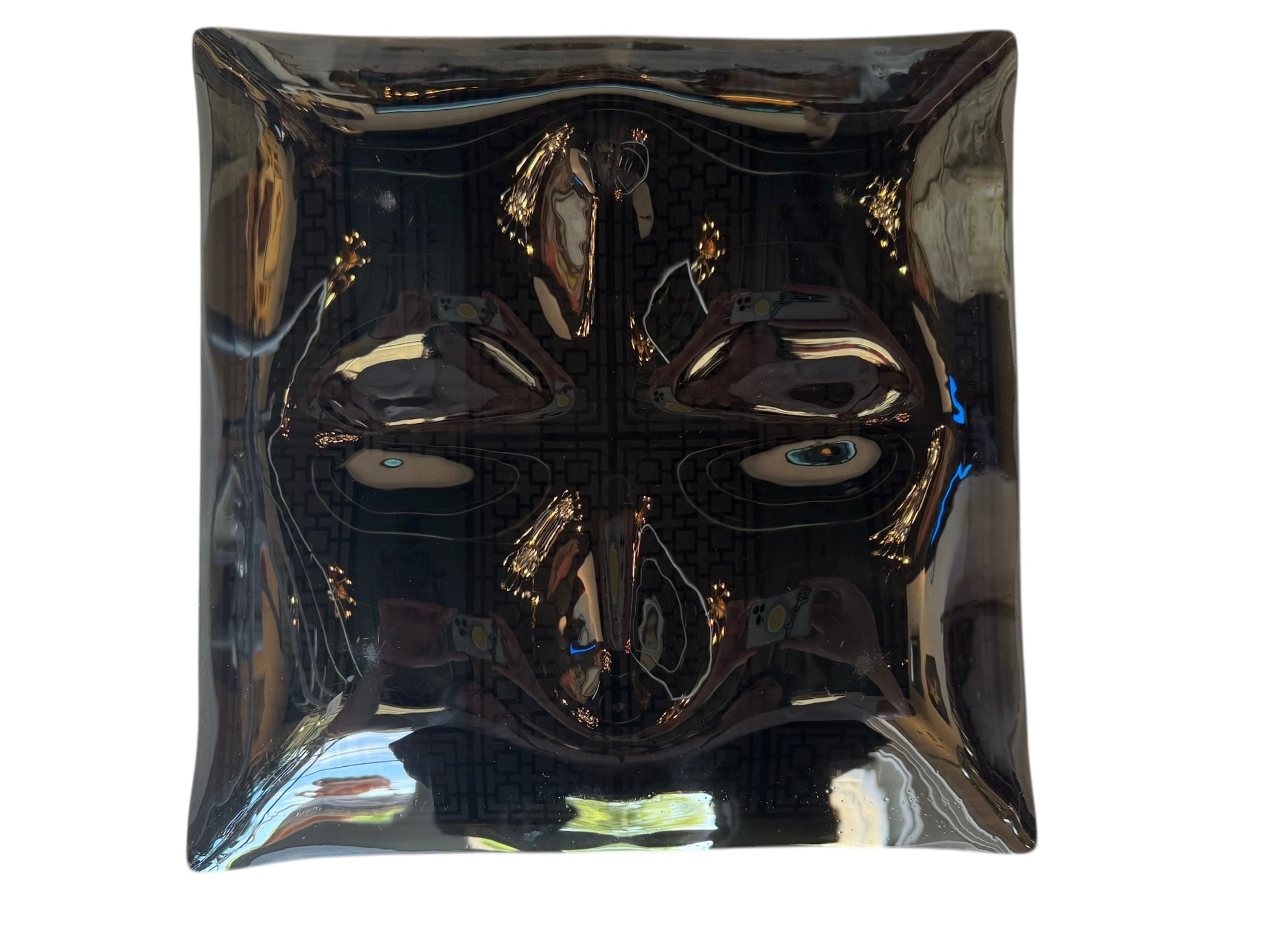 Mid Century Hostess Set, Black, Gold, Turquoise, James Mont Style, Smoked Glass, Etched 24kt Gold, coaster, trinket dish, hostess set, mid-century, geometric pattern