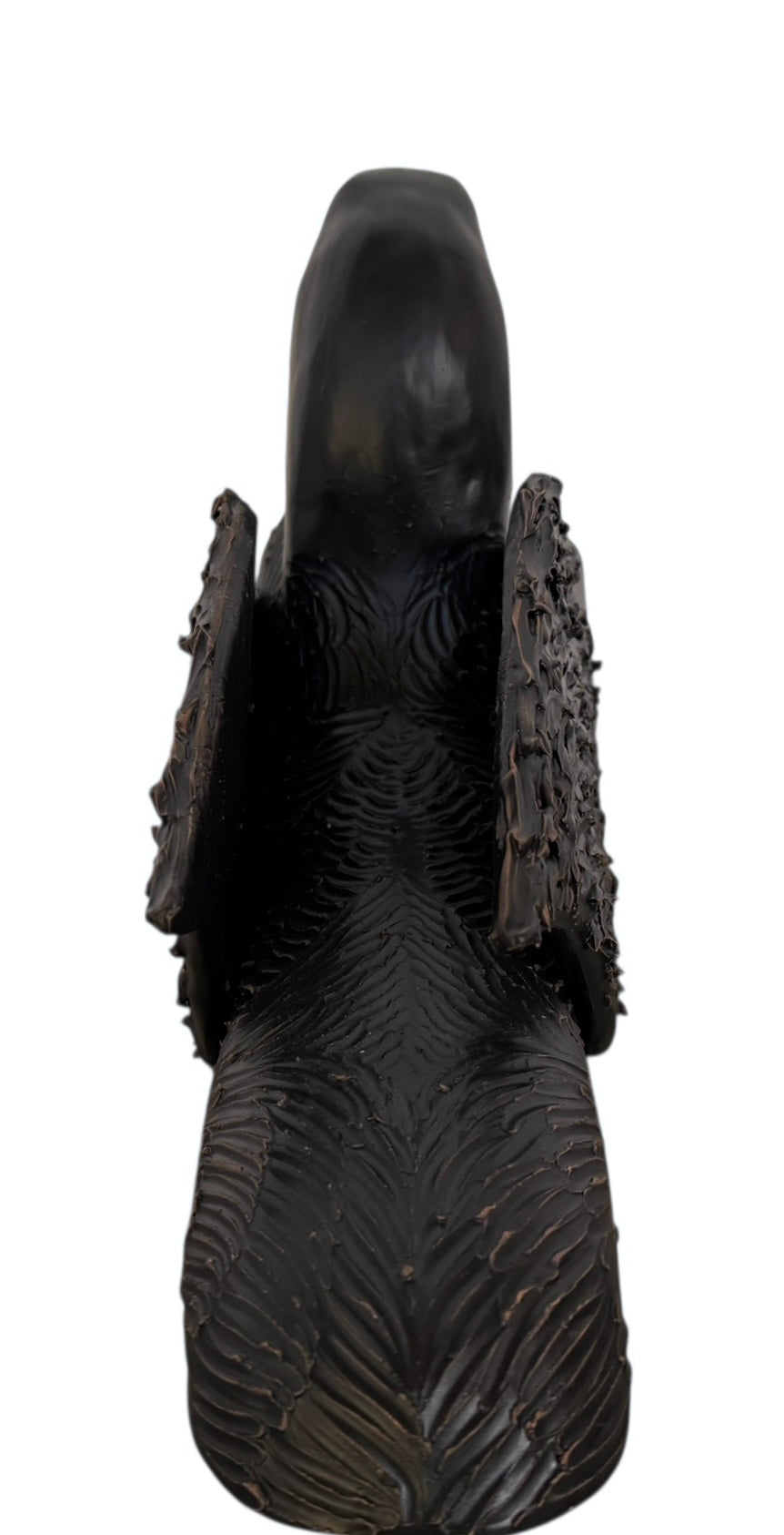A dark, chocolate-brown ceramic sculpture by Enza Fasano depicting the stylized head of a hunting dog, such as a pointer or hound. The piece features a smooth, elongated snout and large, floppy ears with a textured, feathery finish that contrasts with the sleek crown of the head. The minimalist design emphasizes the dog's elegant profile and long neck.