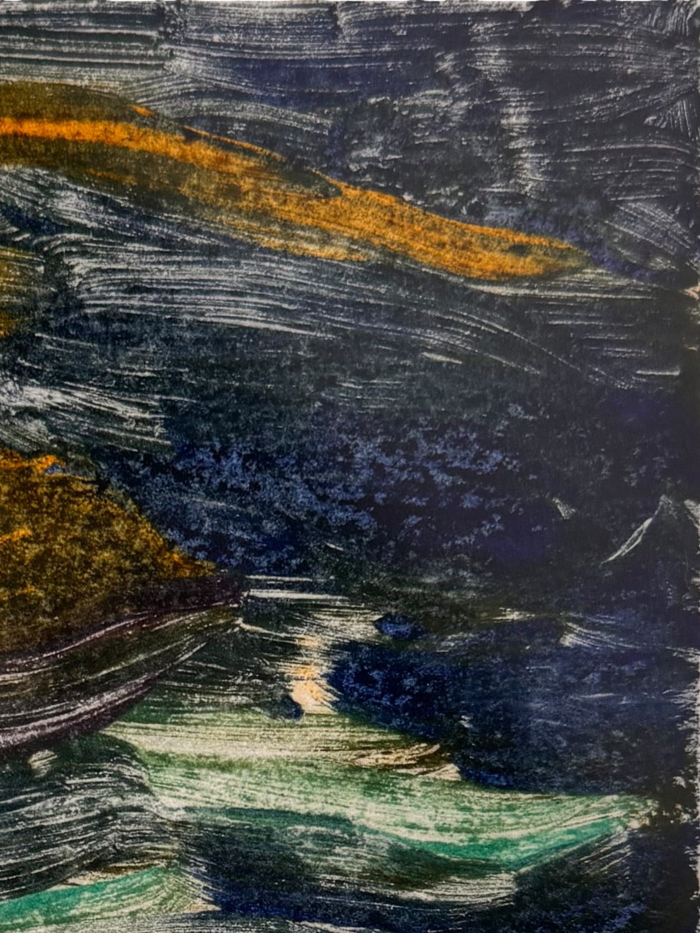 A vertical rectangular artwork, "Embers," by Jill London (2003), framed in a wide, textured gold frame. The piece features a small, abstract expressionist print at the center, rendered in dark, painterly strokes of deep blues, browns, yellows, and white, resembling moving water or smoke. Below the print, on the cream mat, the artist's signature, title, and date are hand-written in pencil. The paper has a delicate, textured deckled edge.