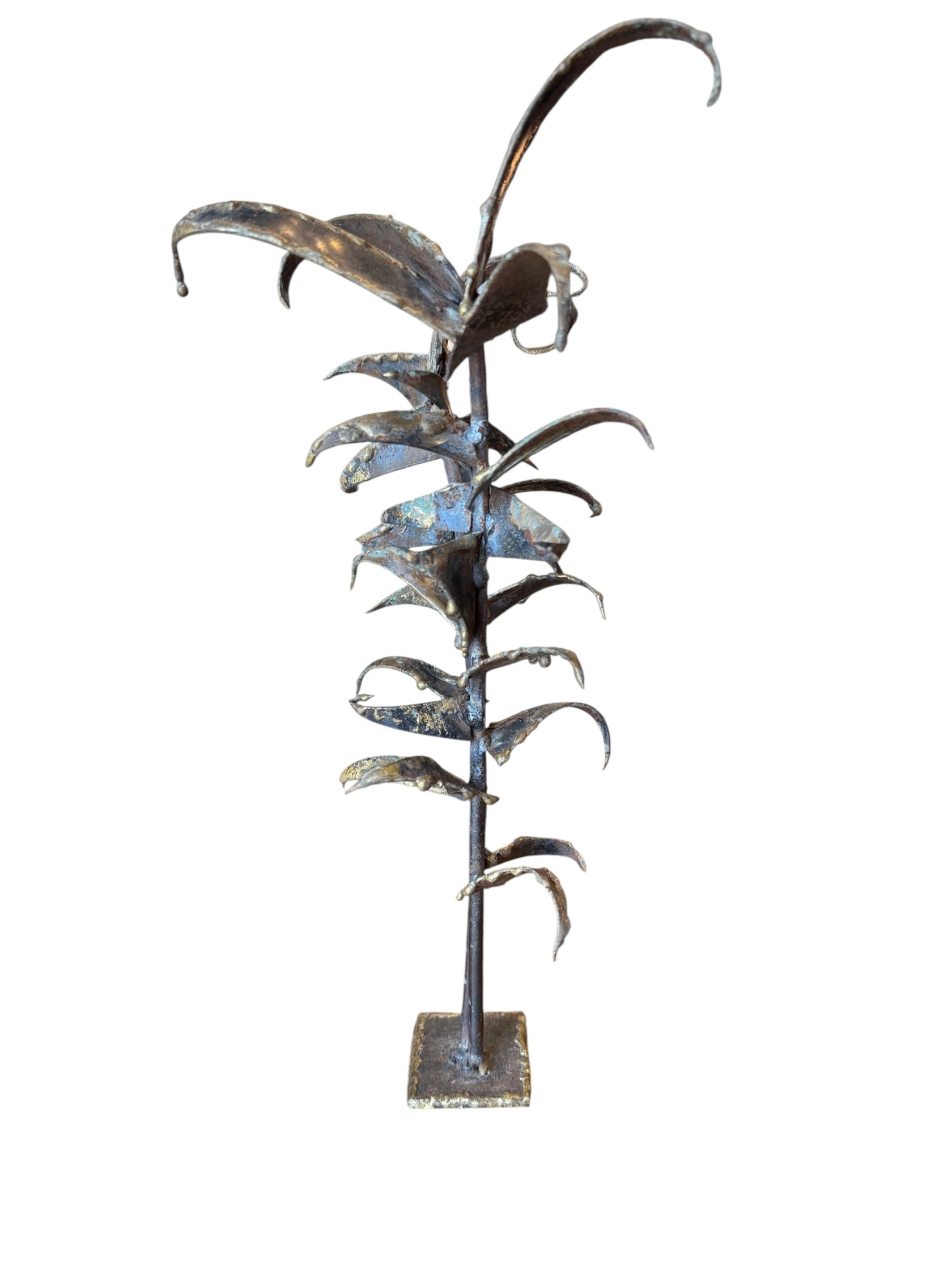 Mid-century Brutalist sculpture made of brass and bronze, depicting a stylized plant with textured, oxidized surfaces.