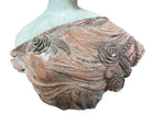 A 25-inch high polychrome marble bust of a woman, featuring white marble for her face and hair, with a base and draped fabric adorned with carved roses and leaves.