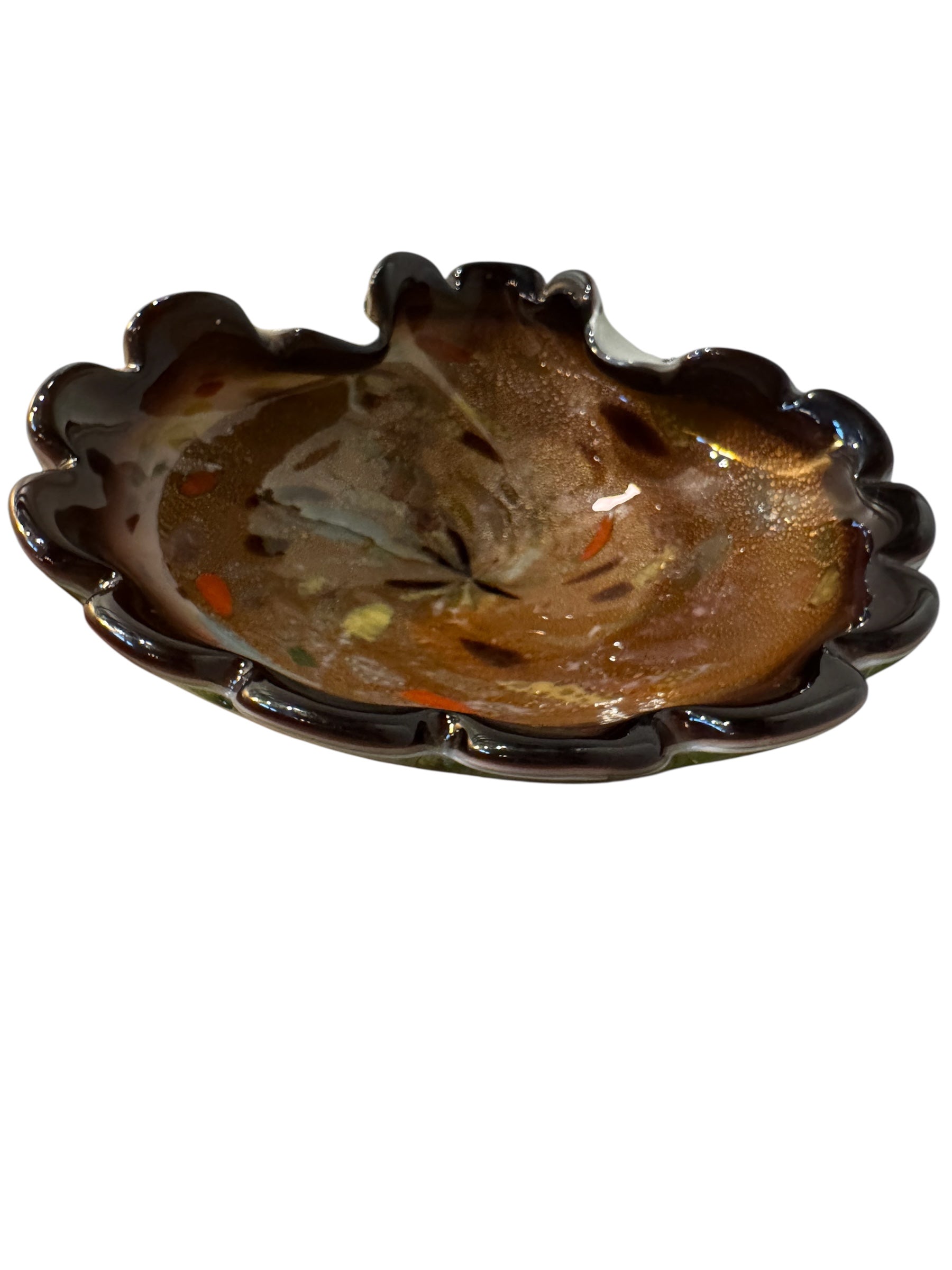 Murano art glass bowl with amethyst edge, gold flecks, and colorful glass inclusions.