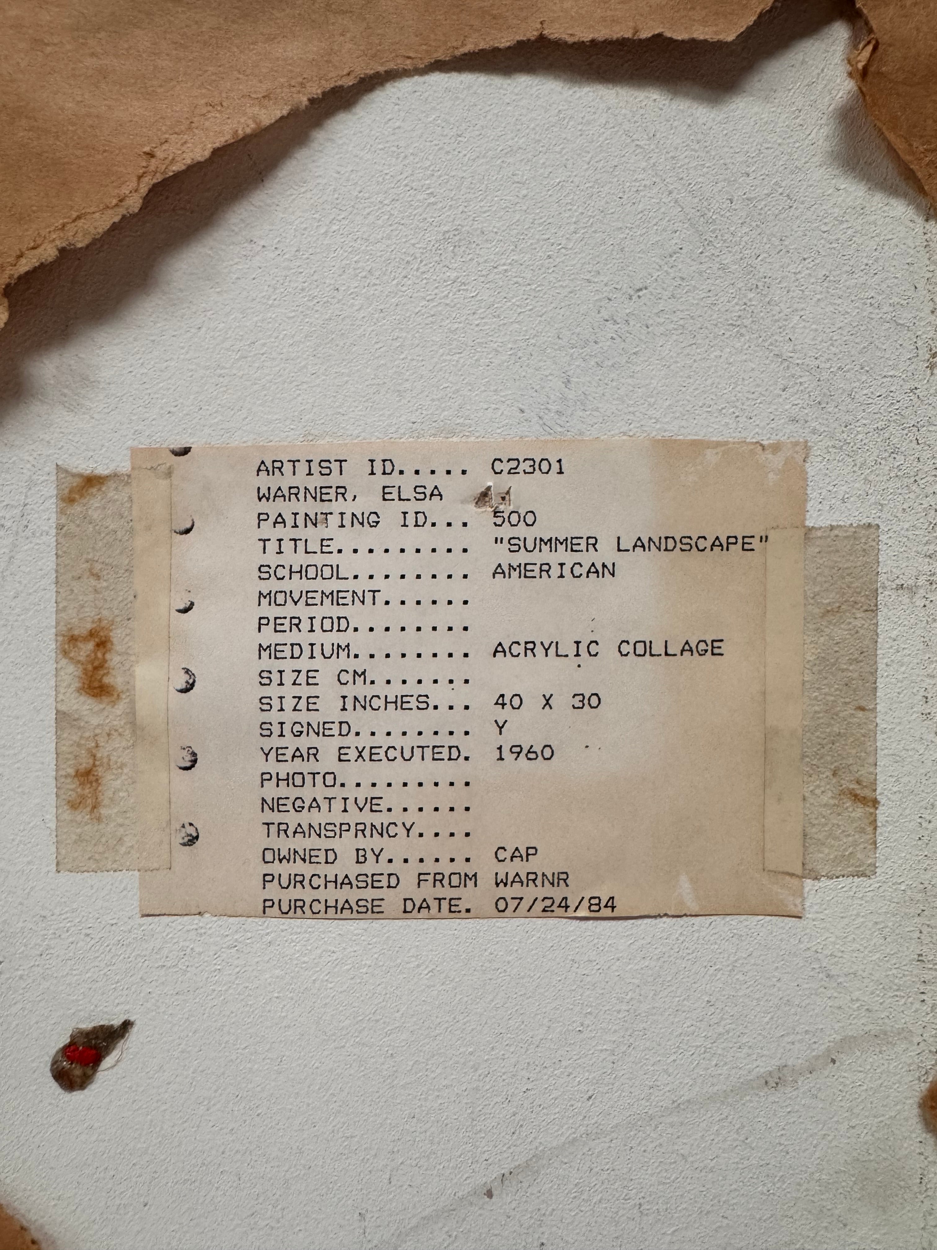 An abstract mixed media painting, titled "Summer Landscape" by Elsa Warner, featuring a dynamic composition of fragmented geometric and organic shapes in vibrant yellow, black, and earthy brown tones.