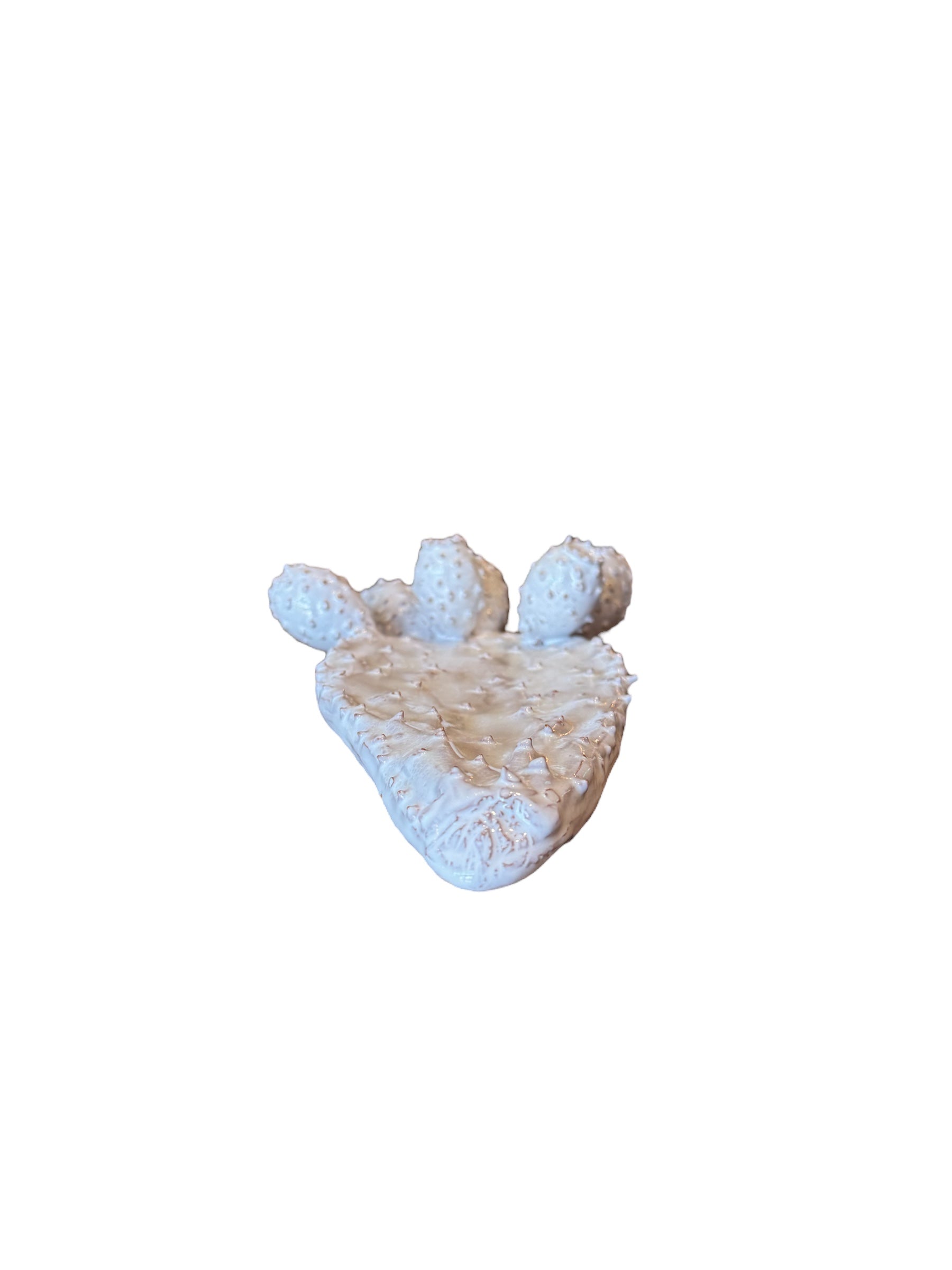 A white glazed ceramic platter in the shape of a prickly pear cactus pad with attached prickly pear fruit. The surface has raised dots representing spines