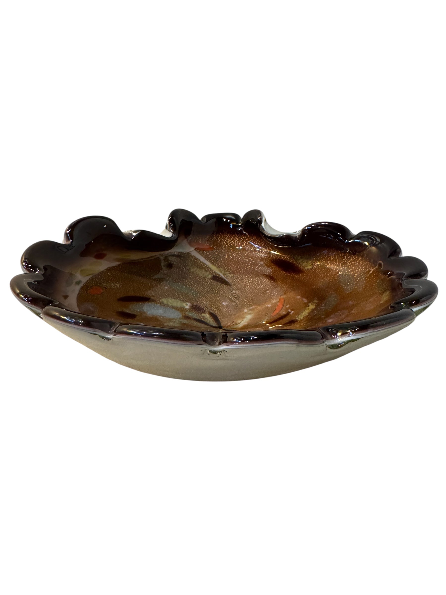 Murano art glass bowl with amethyst edge, gold flecks, and colorful glass inclusions.