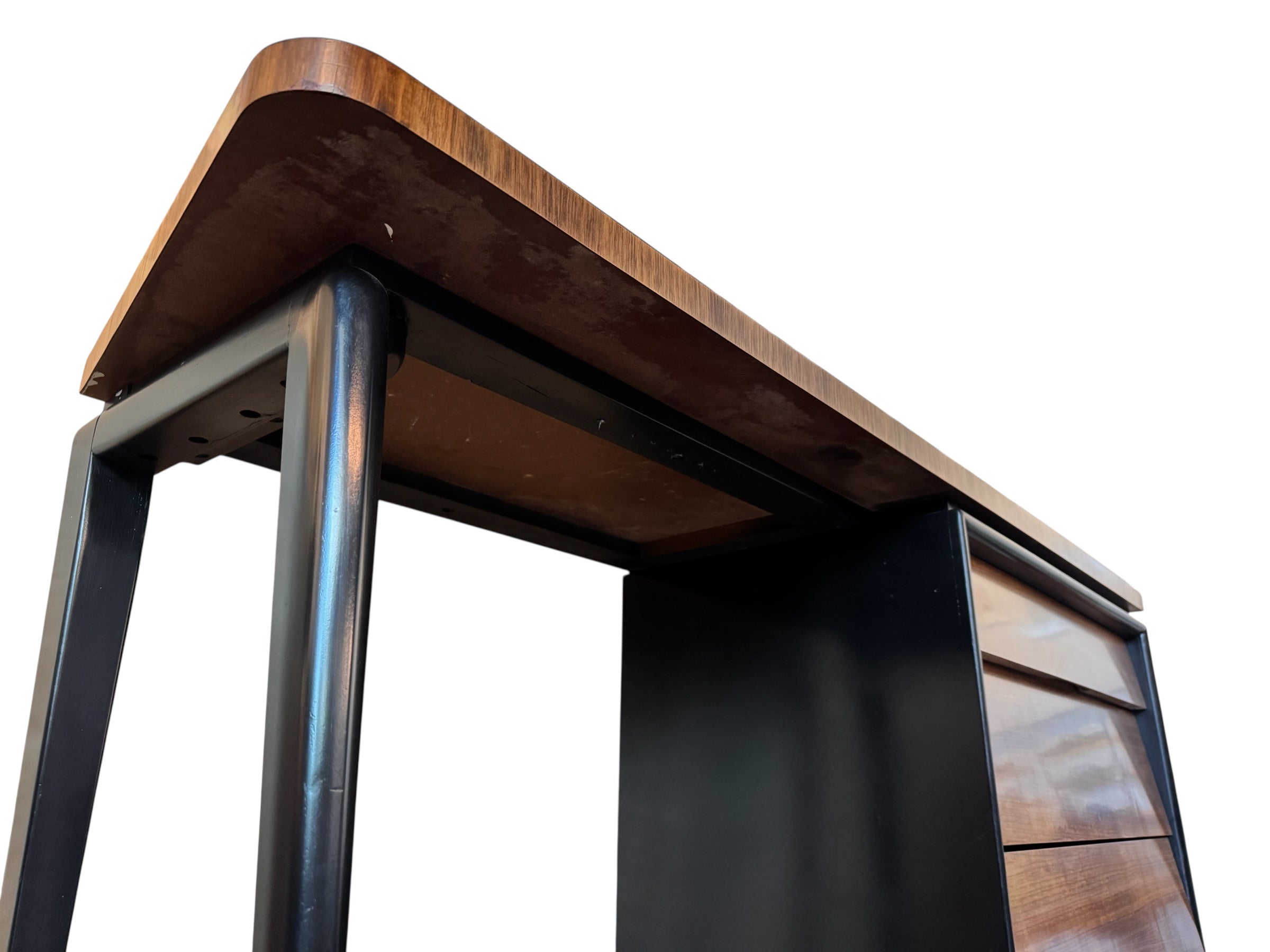 Mid Century Desk, Mid Century, Desk, Tapered Legs, Morris C. Mallin, Mallin Furniture Co., Walnut Veneer, black enameled metal, sleek, corporate, modernist