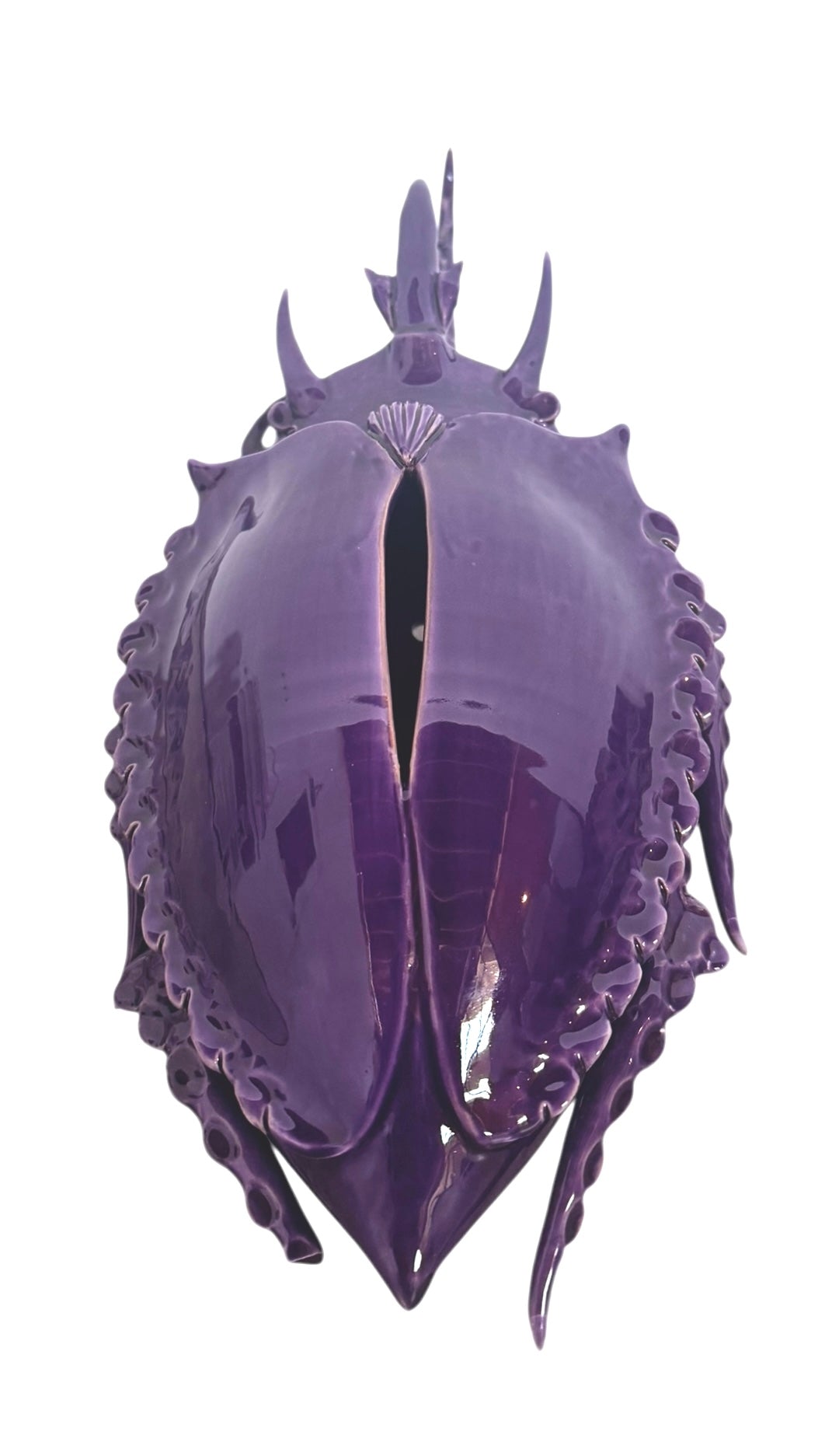 A glossy, deep purple ceramic sculpture of a beetle by Enza Fasano. The piece features a highly stylized and ornate design, blending insect-like anatomy with fantastical elements. It has a smooth, rounded shell and elongated, curved mandibles and appendages lined with sharp, thorn-like protrusions. The monochromatic glaze is reflective, highlighting the intricate sculptural details and textures of the avant-garde artwork.