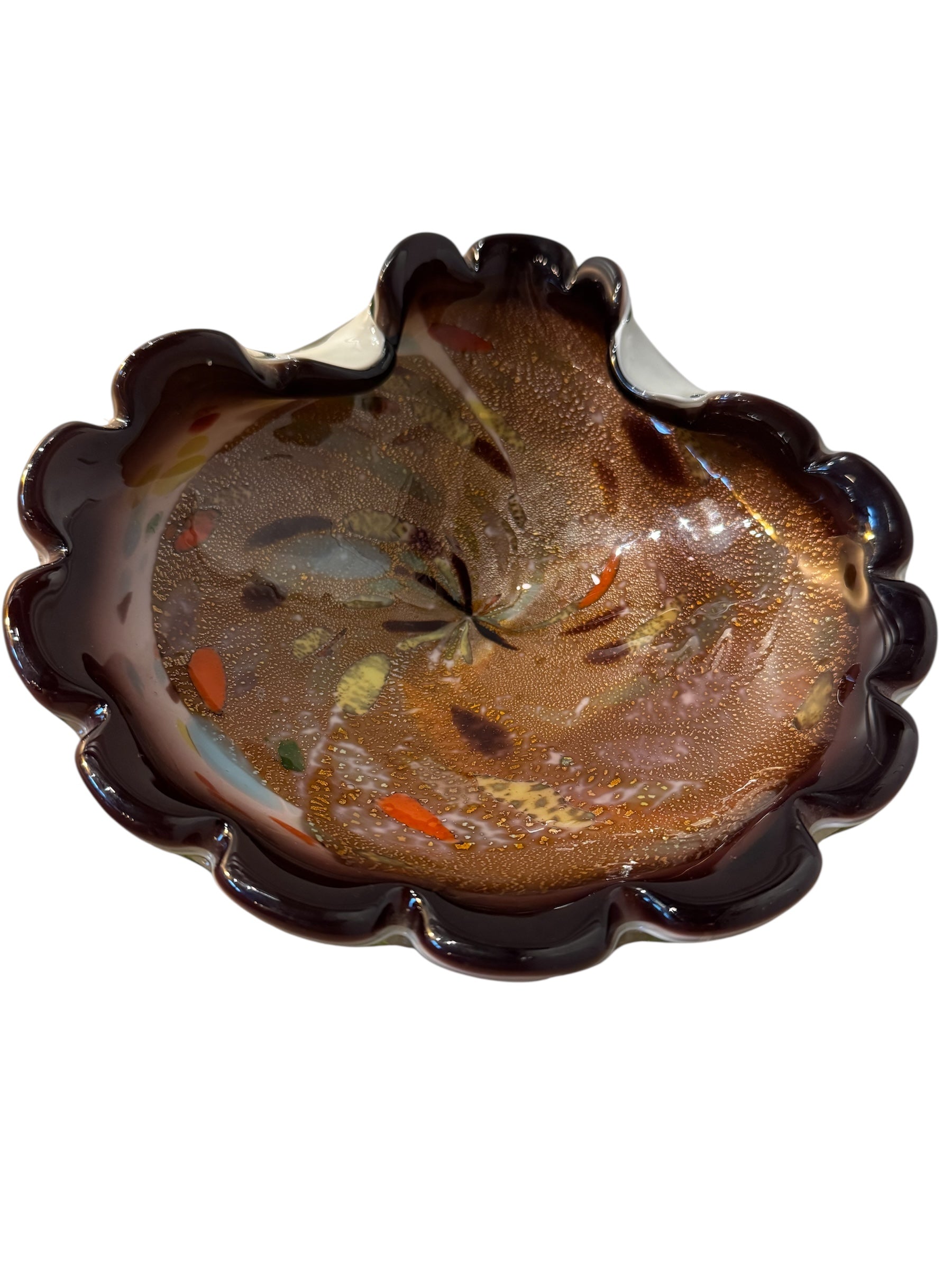 Murano art glass bowl with amethyst edge, gold flecks, and colorful glass inclusions.