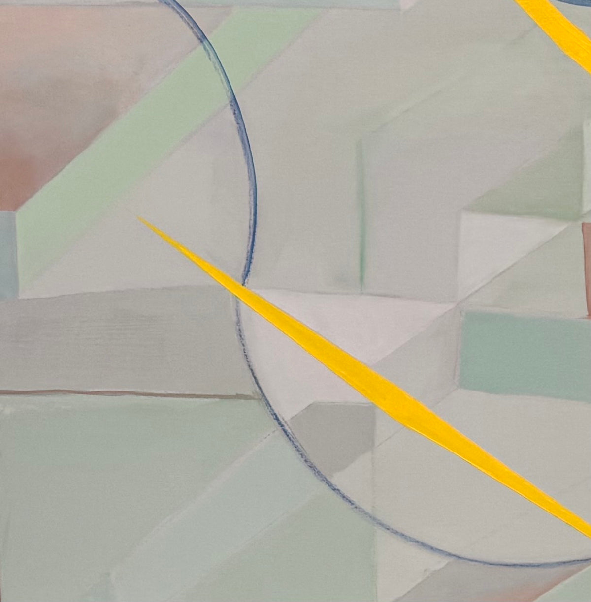An abstract, horizontally oriented geometric oil painting framed in light natural wood. The composition features a complex, cubist-like lattice of interlocking planes, sharp angles, and transparent shards rendered in a soft, muted palette of pastel greens, lavender-grays, pale blues, and subtle pinks. Intersecting this subdued background are thin, dark blue sweeping arcs that trace circular movements across the canvas. Piercing through the composition are several sharp, dynamic, bright yellow shards shaped