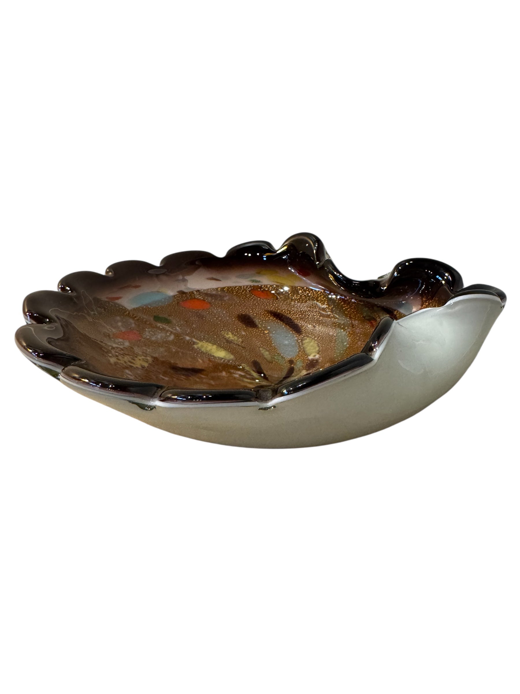 Murano art glass bowl with amethyst edge, gold flecks, and colorful glass inclusions.