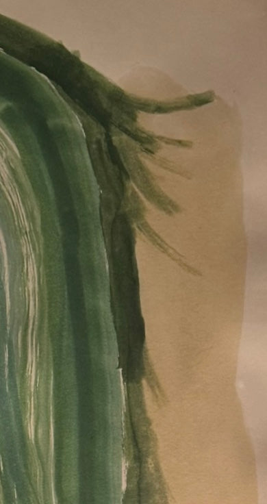 An abstract watercolor painting featuring a central red conical shape framed by large green arches, with a horizontal red wash at the bottom.