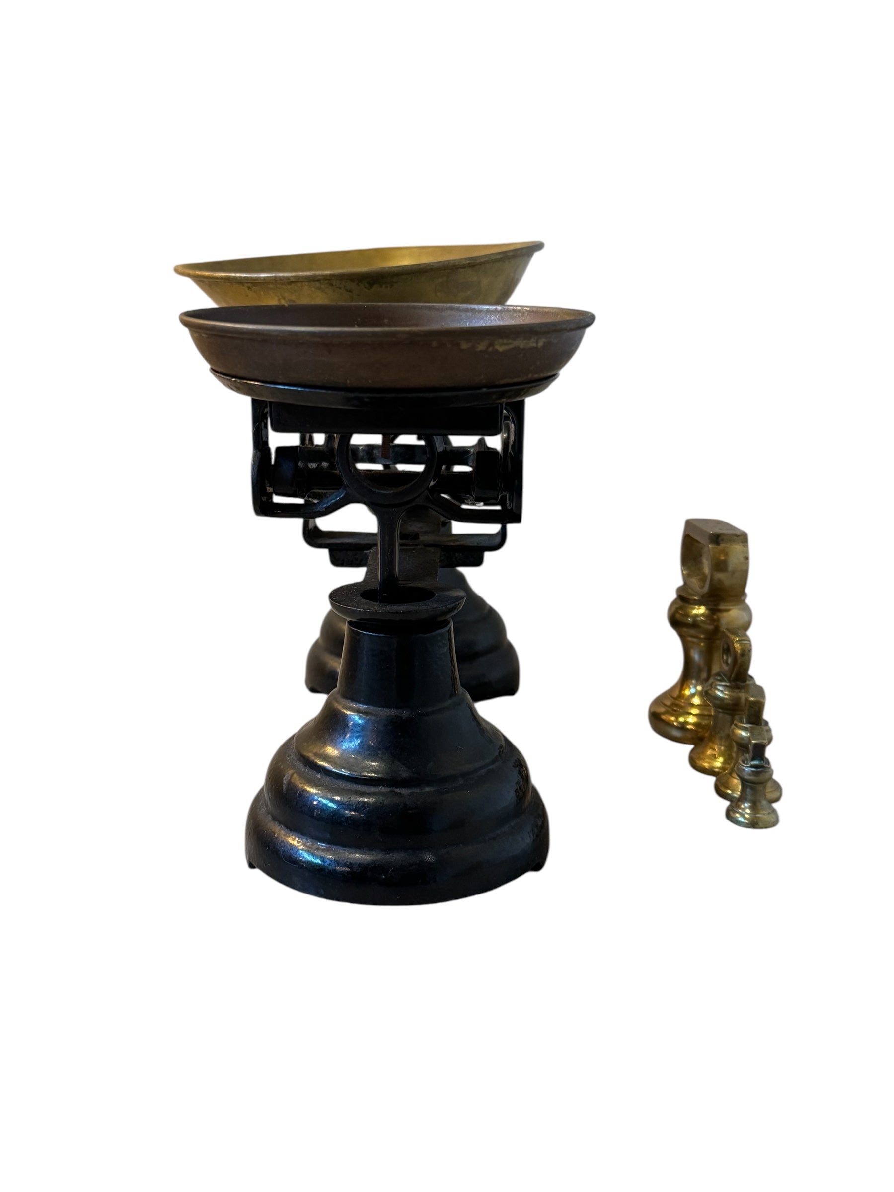 Painted Balance Scale with Brass Pans & Weights, Vintage, Antique, Librasco, Black Cast Iron, Brass, Birmingham Kitchen, Weighing Scales, Brass Weights, Kitchen Scale, Appliance
