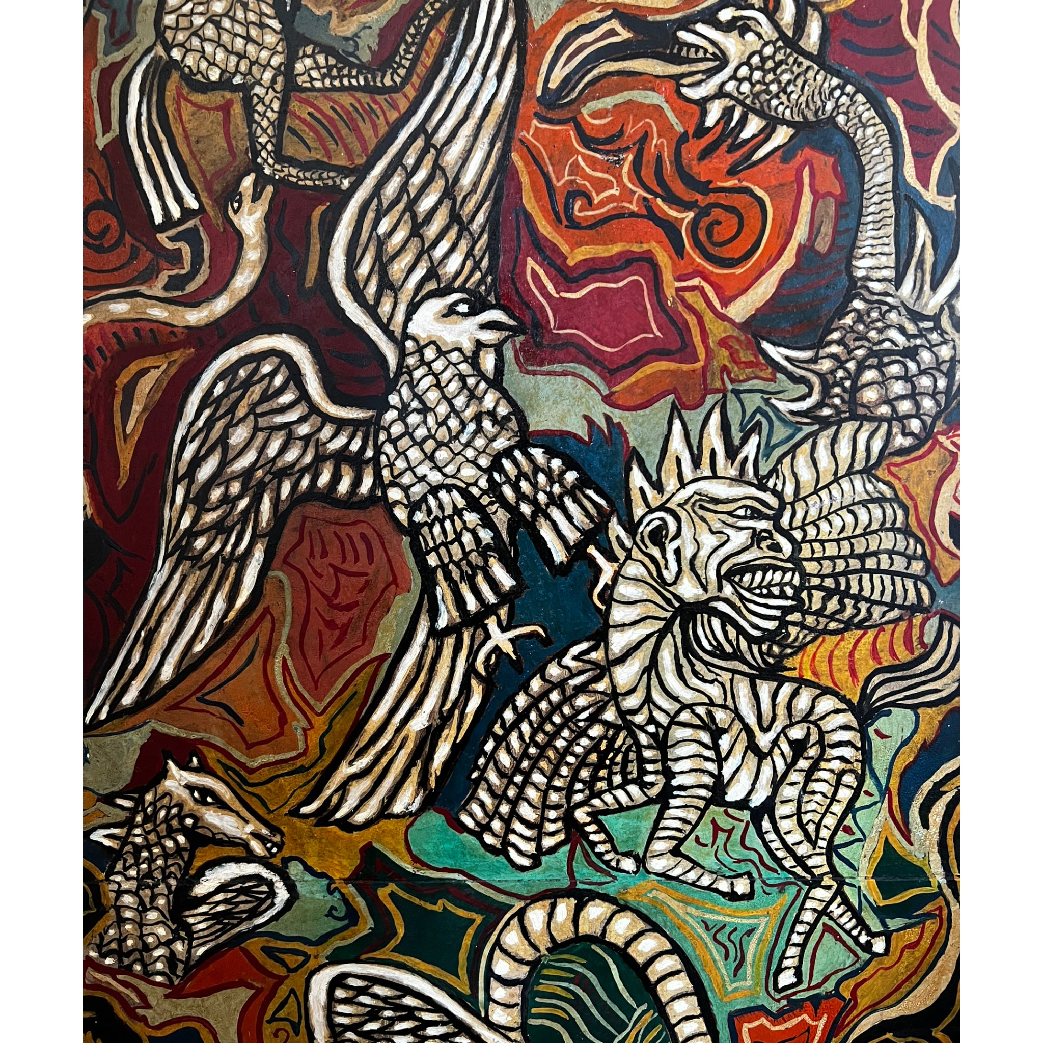 wall art
vibrant
Snakes
Plumes
Painting
Mid century
Large art
italy
italian
Home
eagles
E. Cocco
dragons
Colorful
birds
Art
acrylic painting
1950s
serpent