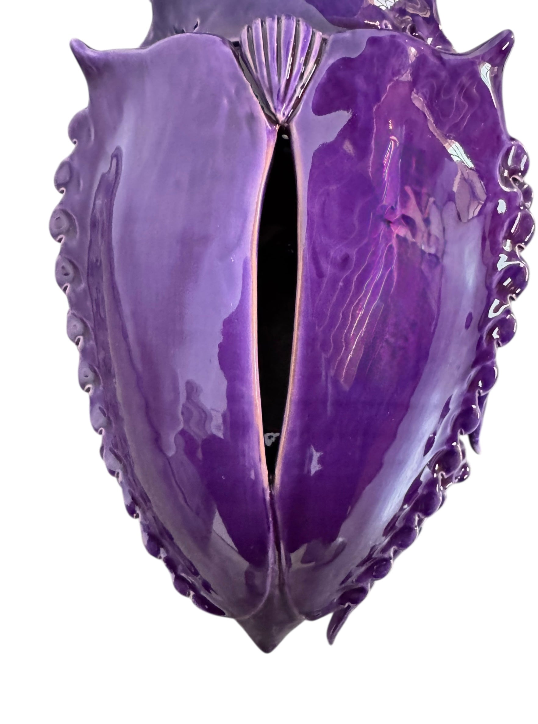 A glossy, deep purple ceramic sculpture of a beetle by Enza Fasano. The piece features a highly stylized and ornate design, blending insect-like anatomy with fantastical elements. It has a smooth, rounded shell and elongated, curved mandibles and appendages lined with sharp, thorn-like protrusions. The monochromatic glaze is reflective, highlighting the intricate sculptural details and textures of the avant-garde artwork.