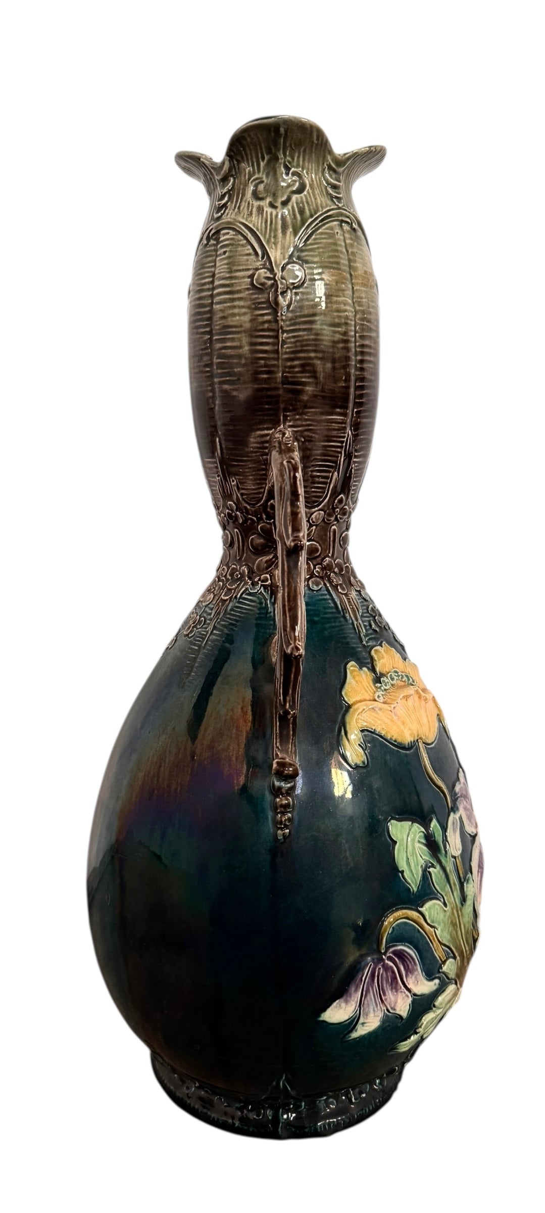 French Art Nouveau Faience Glazed Vases with flower motifs, and thorny wood handles