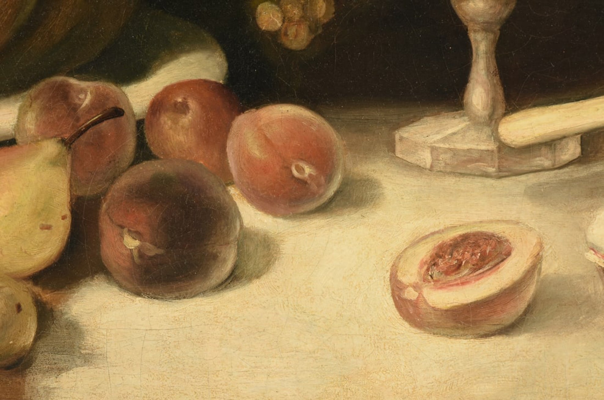 Oil painting, 'Still Life with Fruit and Cheese' by Michel Rivol, 1887. Features grapes, melons, cheese under a glass dome, and a bottle on a tablecloth against a dark background