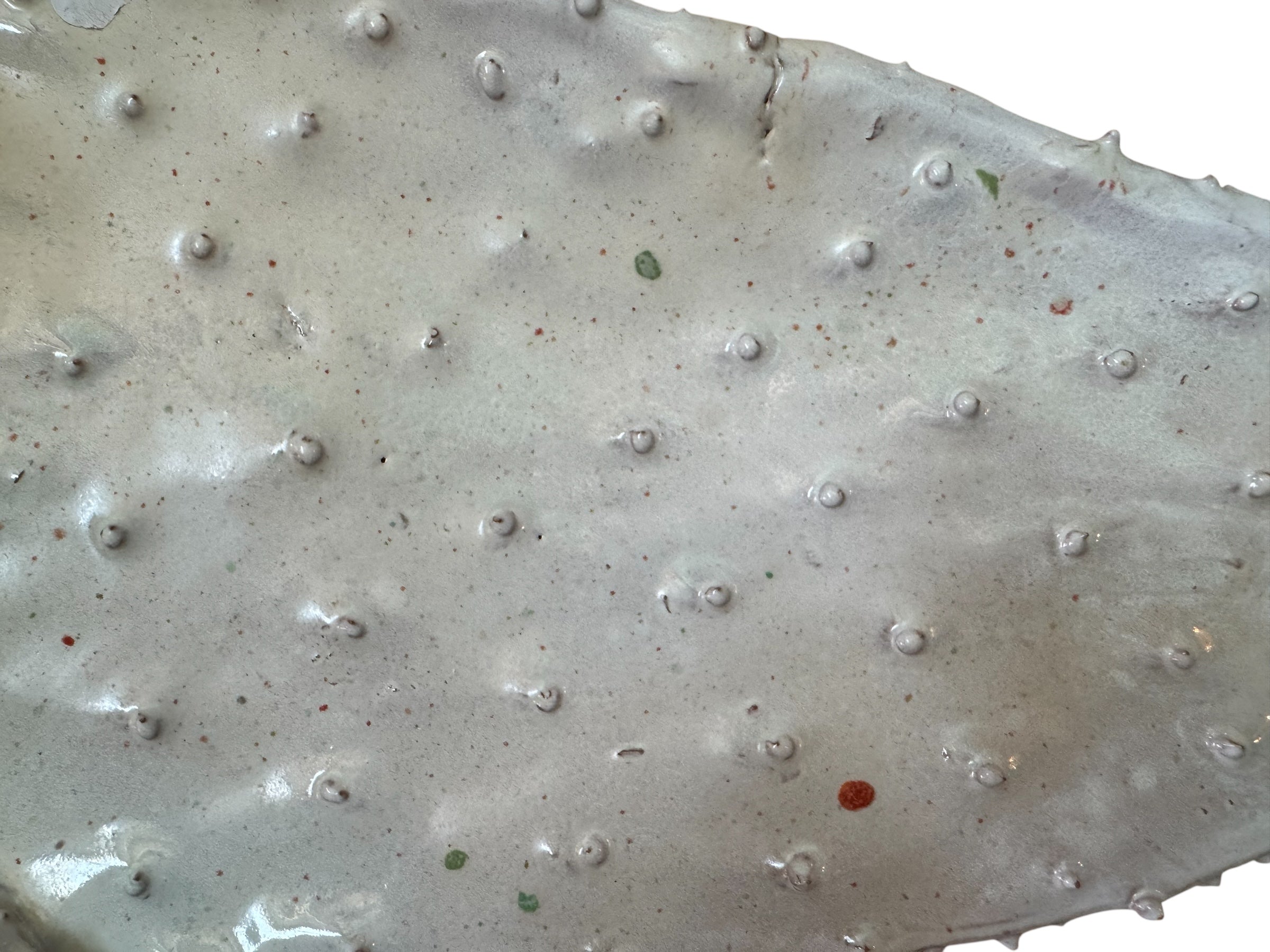 A white and green, glazed ceramic platter in the shape of a prickly pear cactus pad with attached prickly pear fruit. The surface has raised dots representing spines.