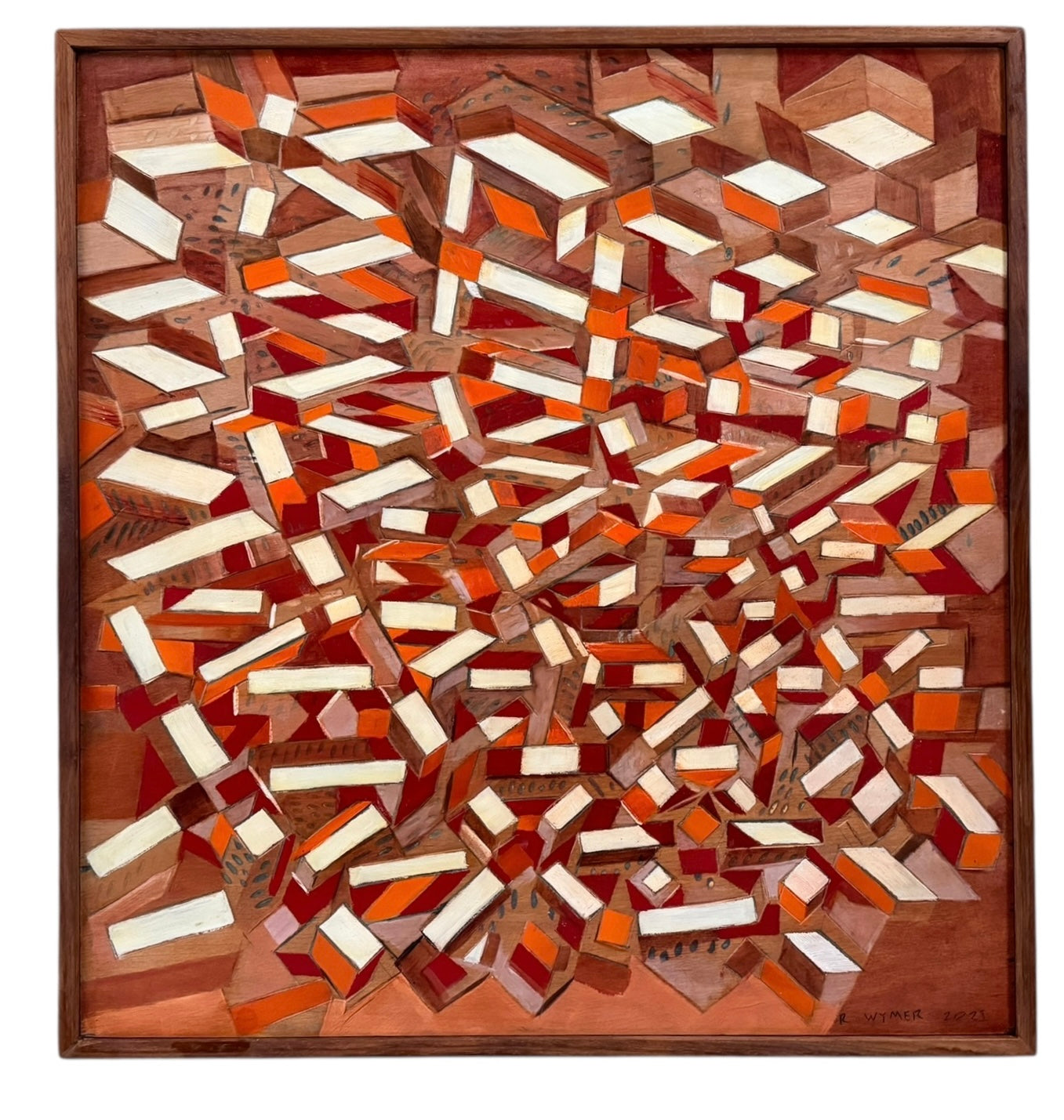 Geometric abstract painting, 'Radiating Blocks' by Robert Wymer, using warm tones of red, orange and white on mahogany plywood. The composition features layered, angular blocks and incised lines, presented in a carved mahogany frame.