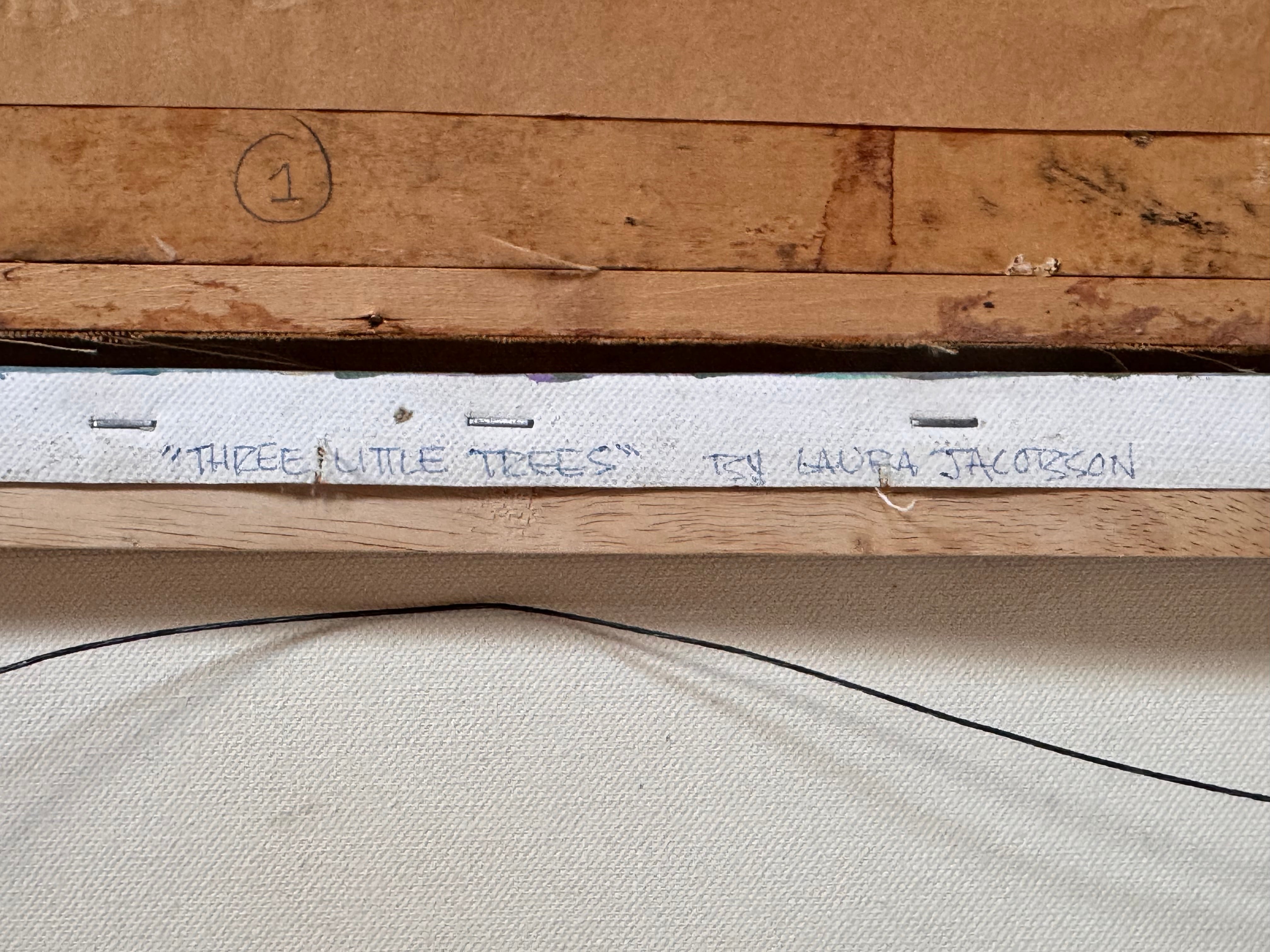 An oil painting by Laura Jacobson featuring three stylized trees with green and brown leaves in a field.