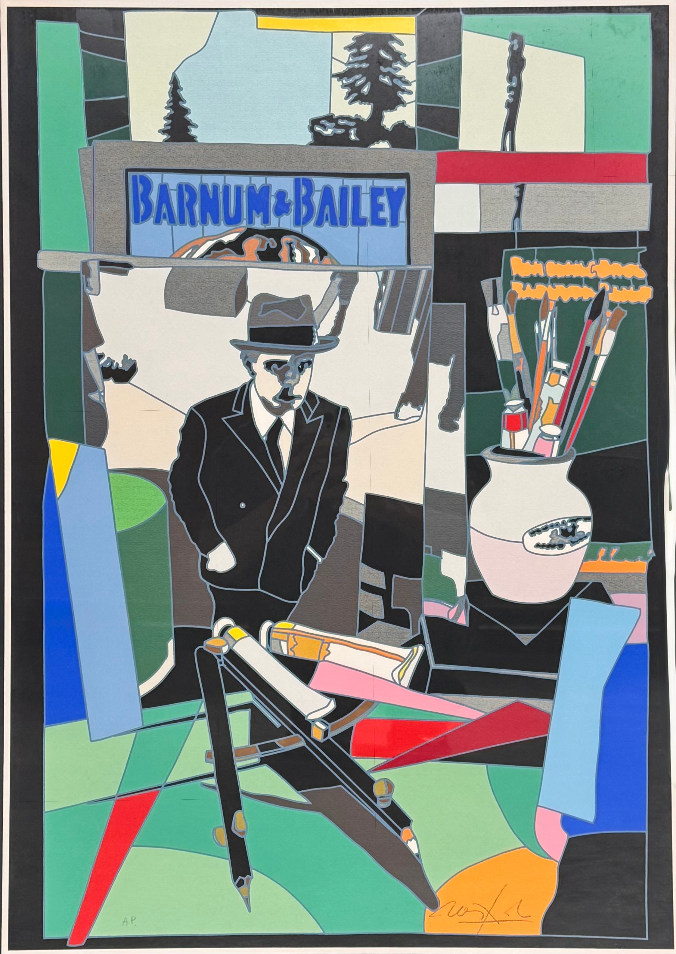 A pop art style image featuring a man in a hat and suit, an easel with art supplies including paintbrushes in a pot, and a sign in the background that reads "BARNUM & BAILEY" by Ugo Nespolo. The artwork uses a collage-like composition with geometric shapes and bold colors.