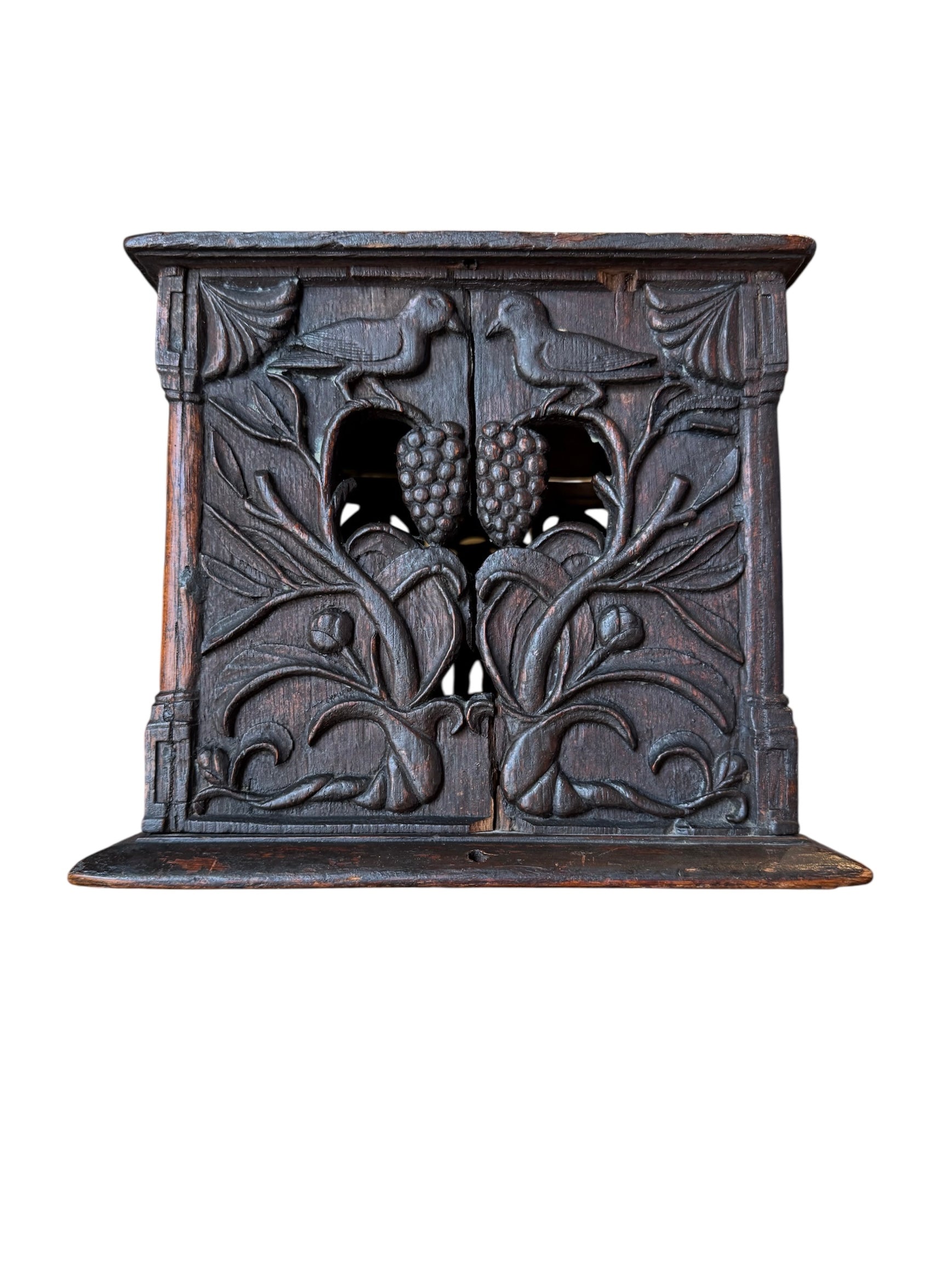 Diminutive Piece Carved Mahogany Cabinet, 19th Century, Mahogany, Cabinet, bird carvings, botanical carvings, sloping integral base, one door, floral motifs, brass door handle