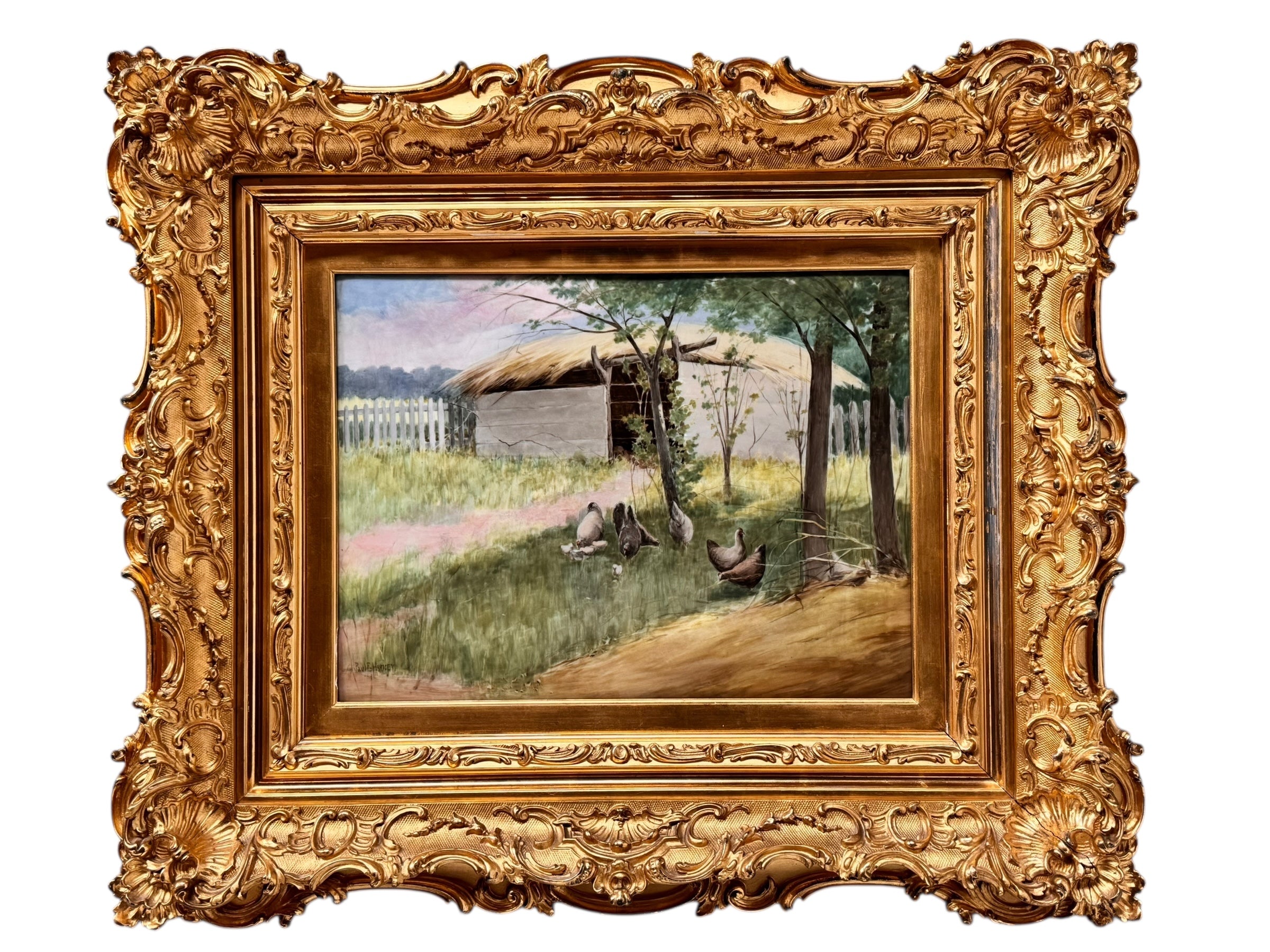 The artwork is a painting on porcelain plaque, titled "Chickens Foraging in a Barn Yard" by the American artist Paul E. Harney Jr. (1850-1915). It is housed in an ornate, gilt frame. The painting depicts a rural scene with several chickens on a grassy ground near a small structure with a thatched roof and a white picket fence in the background