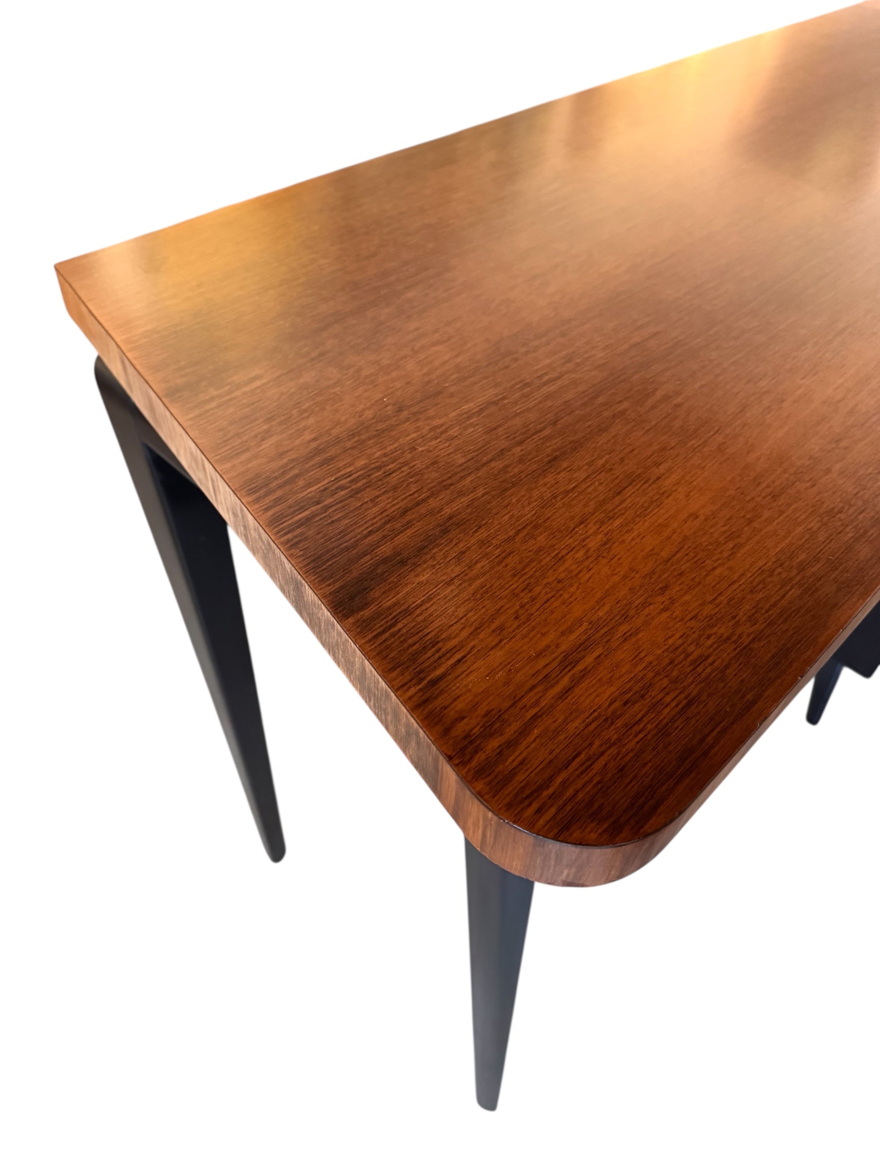 Mid Century Desk, Mid Century, Desk, Tapered Legs, Morris C. Mallin, Mallin Furniture Co., Walnut Veneer, black enameled metal, sleek, corporate, modernist