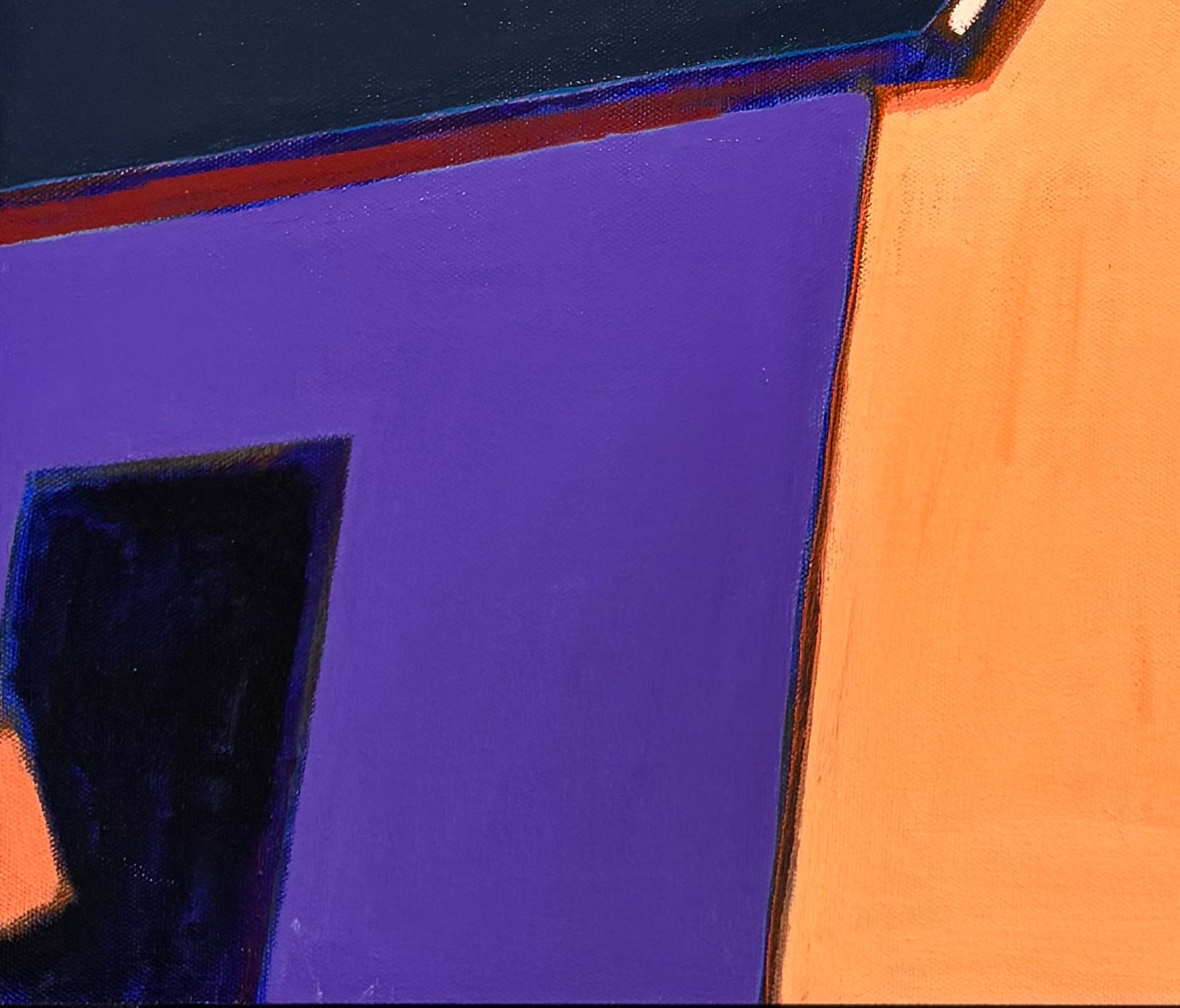 A vibrant, modern painting of a house with a purple side and an orange side with a window under a bright blue sky with a single moon by Elizabeth Payne titled “House in Moonlight”.