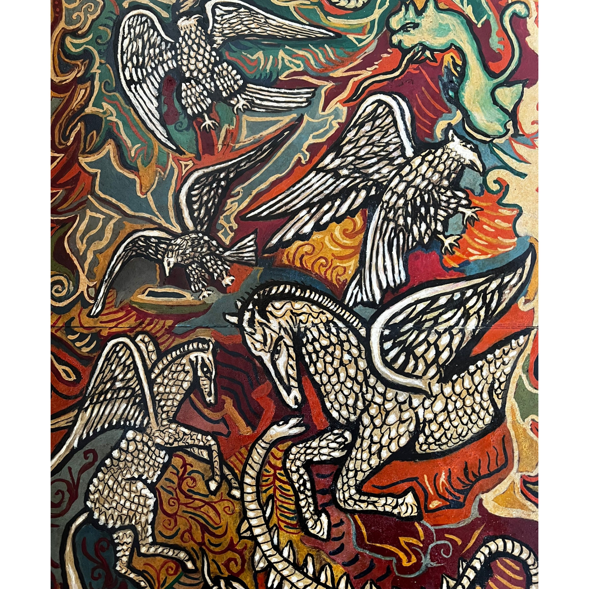 wall art
vibrant
Snakes
Plumes
Painting
Mid century
Large art
italy
italian
Home
eagles
E. Cocco
dragons
Colorful
birds
Art
acrylic painting
1950s
serpent