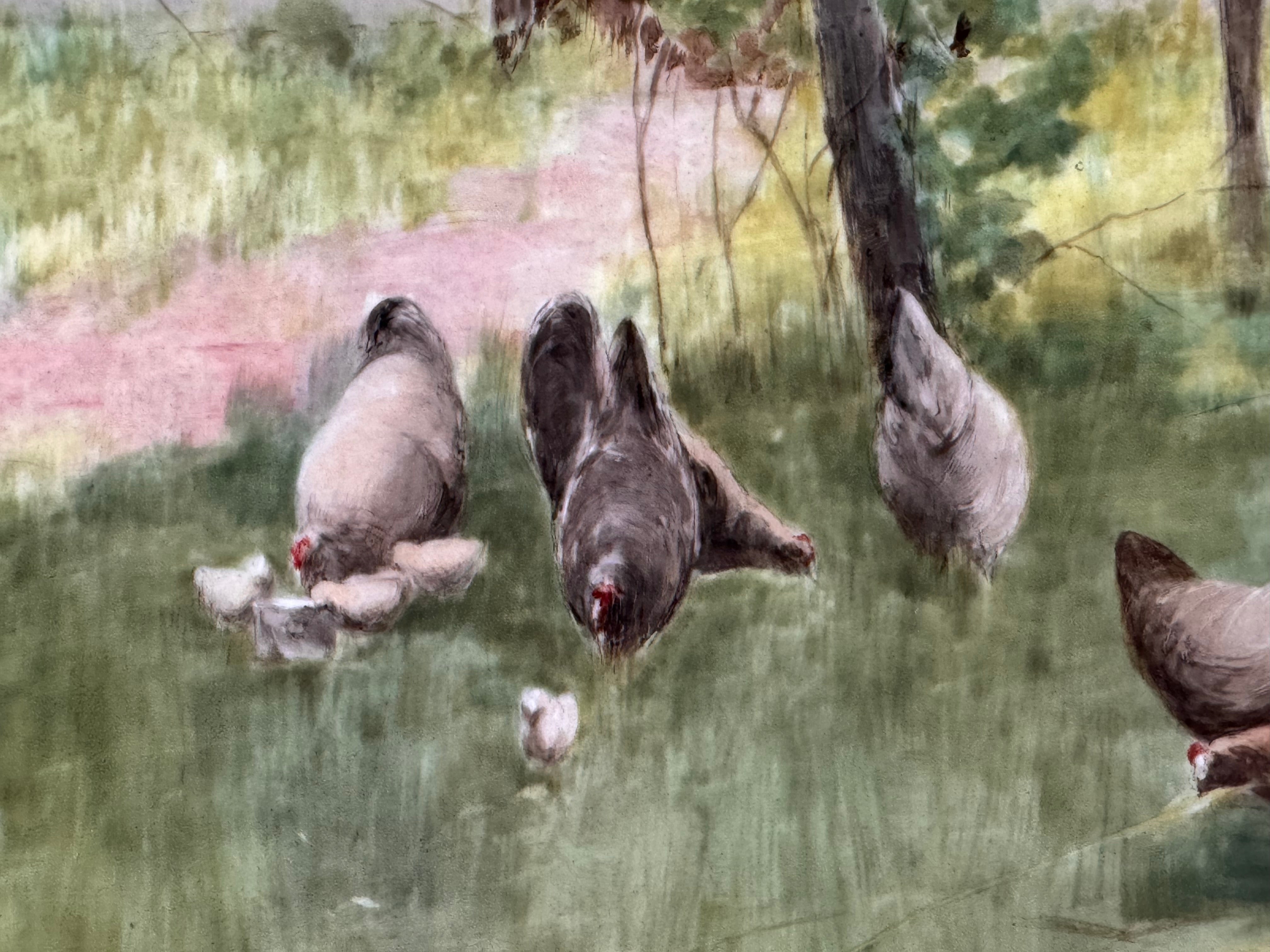 The artwork is a painting on porcelain plaque, titled "Chickens Foraging in a Barn Yard" by the American artist Paul E. Harney Jr. (1850-1915). It is housed in an ornate, gilt frame. The painting depicts a rural scene with several chickens on a grassy ground near a small structure with a thatched roof and a white picket fence in the background