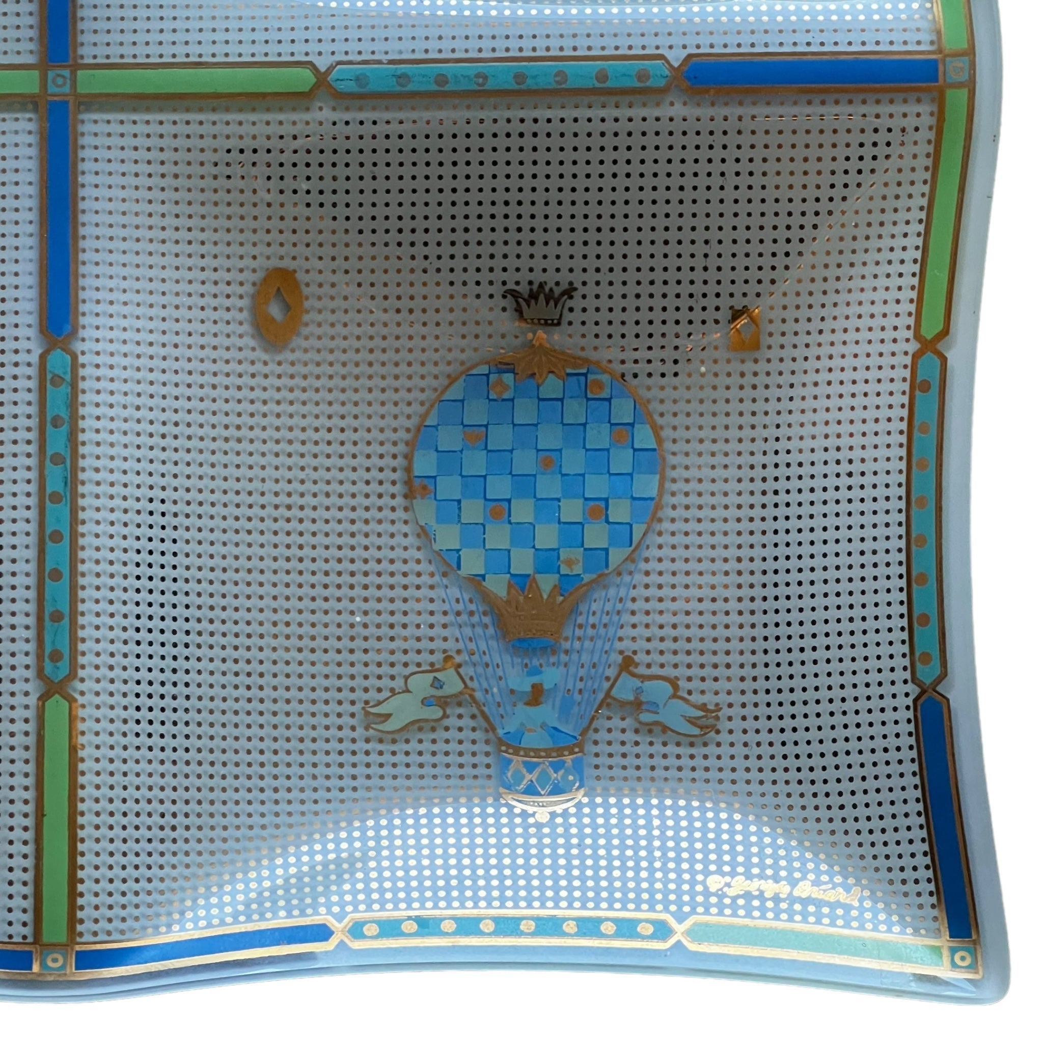 whimsical
tray
tabletop
Table Top
platter
mid century modern
Mid century
metallic
hot air balloon
Gold
Glass
Georges Briard
blue and white
1950s
decorative
decorative bowl
decorative tray