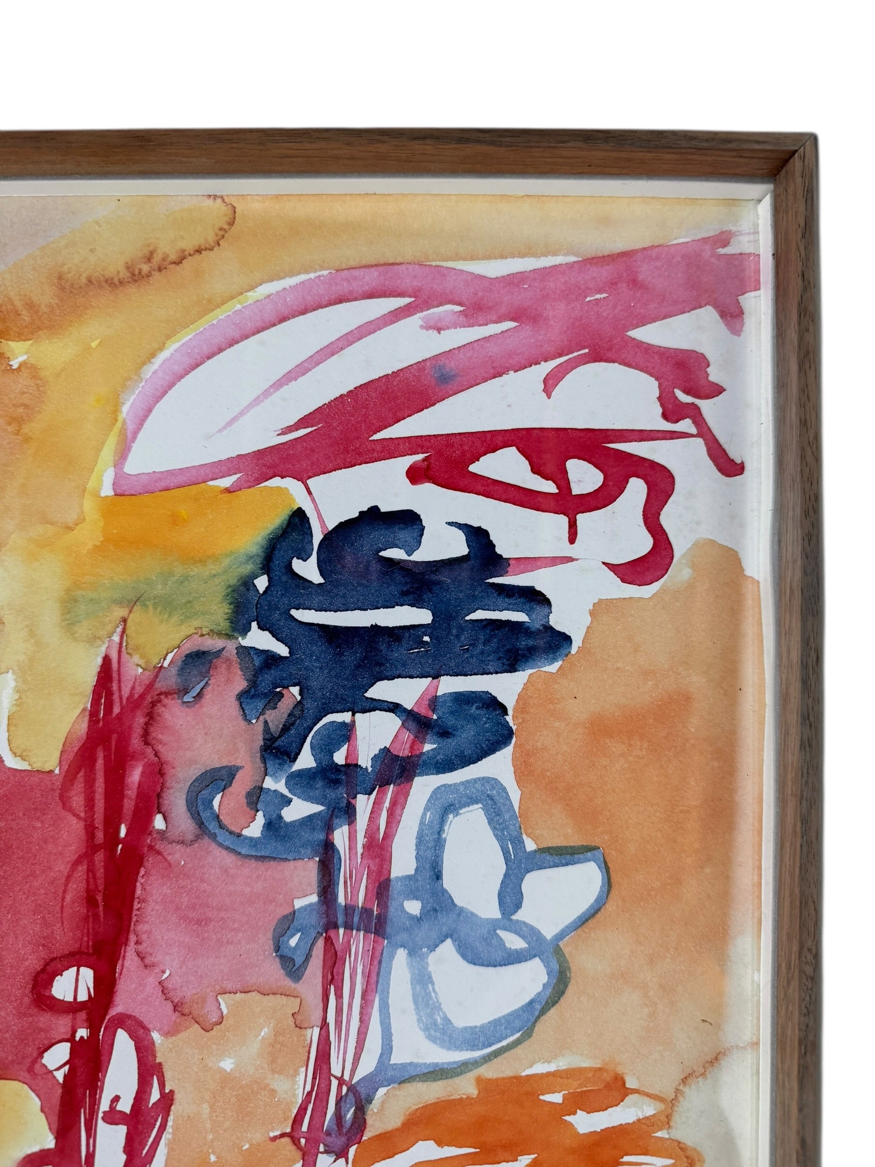 A vertical watercolor painting on paper, framed in a simple dark wood frame. The piece consists of a lively arrangement of gestural, loopy shapes and washes in a warm palette of apricot, magenta, and deep navy blue. The shapes are layered and translucent, with some areas featuring saturated "blooms" of color and others showing thin, wiry line work. The artist's signature and the year '97 are visible in the bottom right corner.