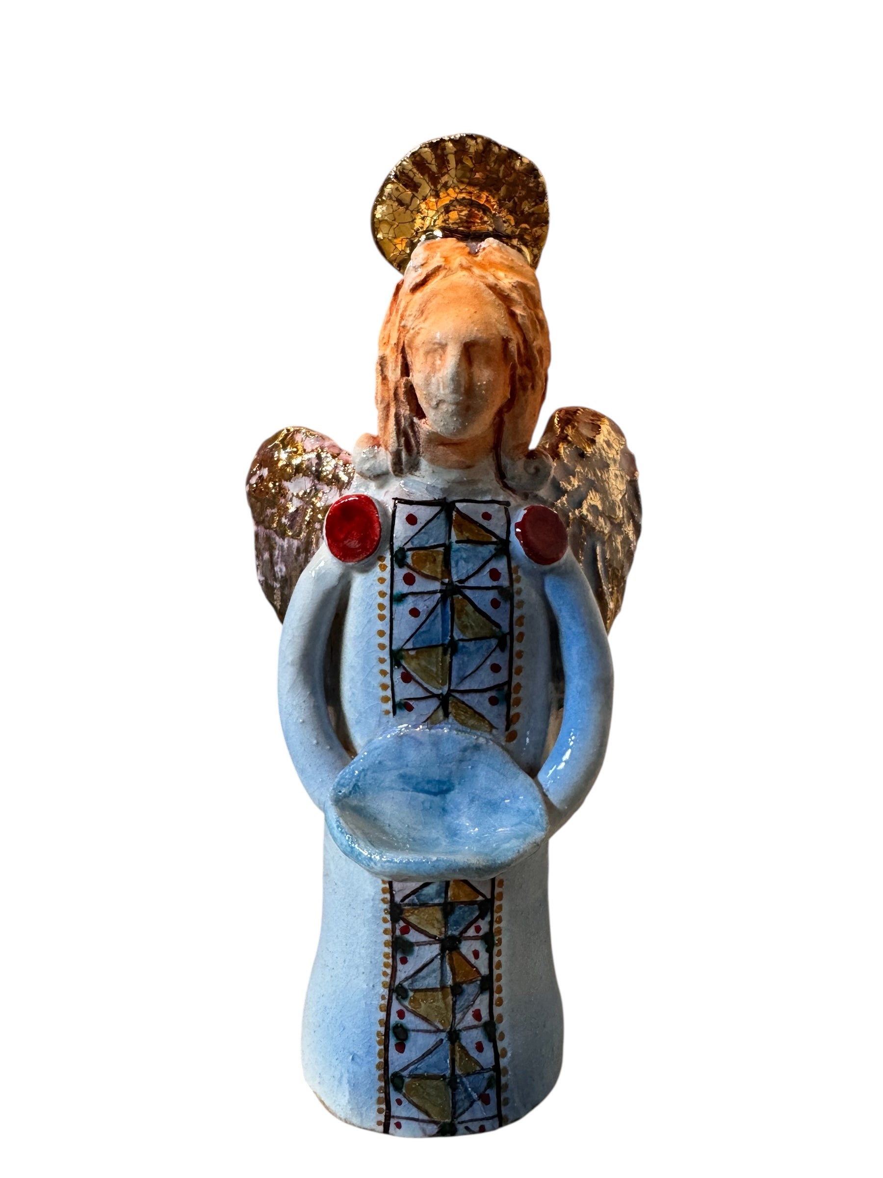 Angeli by Dominico Pinto, Angels, Sculptures, Table top ornaments, Gold accents, blue and white, geometric quilting, ceramic, folk art