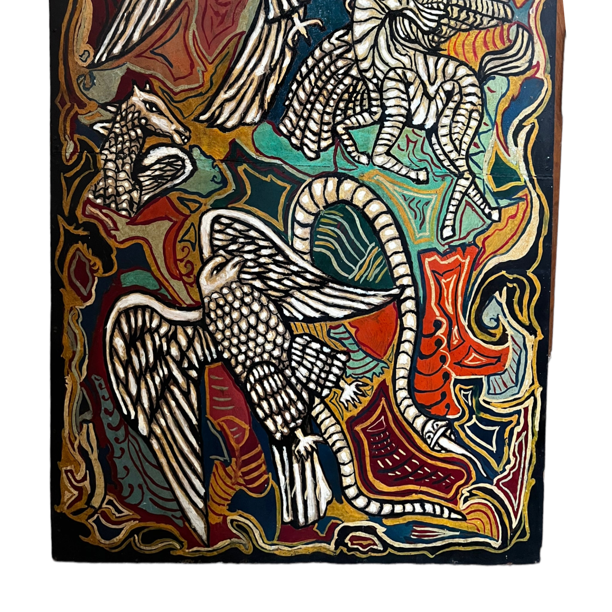 wall art
vibrant
Snakes
Plumes
Painting
Mid century
Large art
italy
italian
Home
eagles
E. Cocco
dragons
Colorful
birds
Art
acrylic painting
1950s
serpent