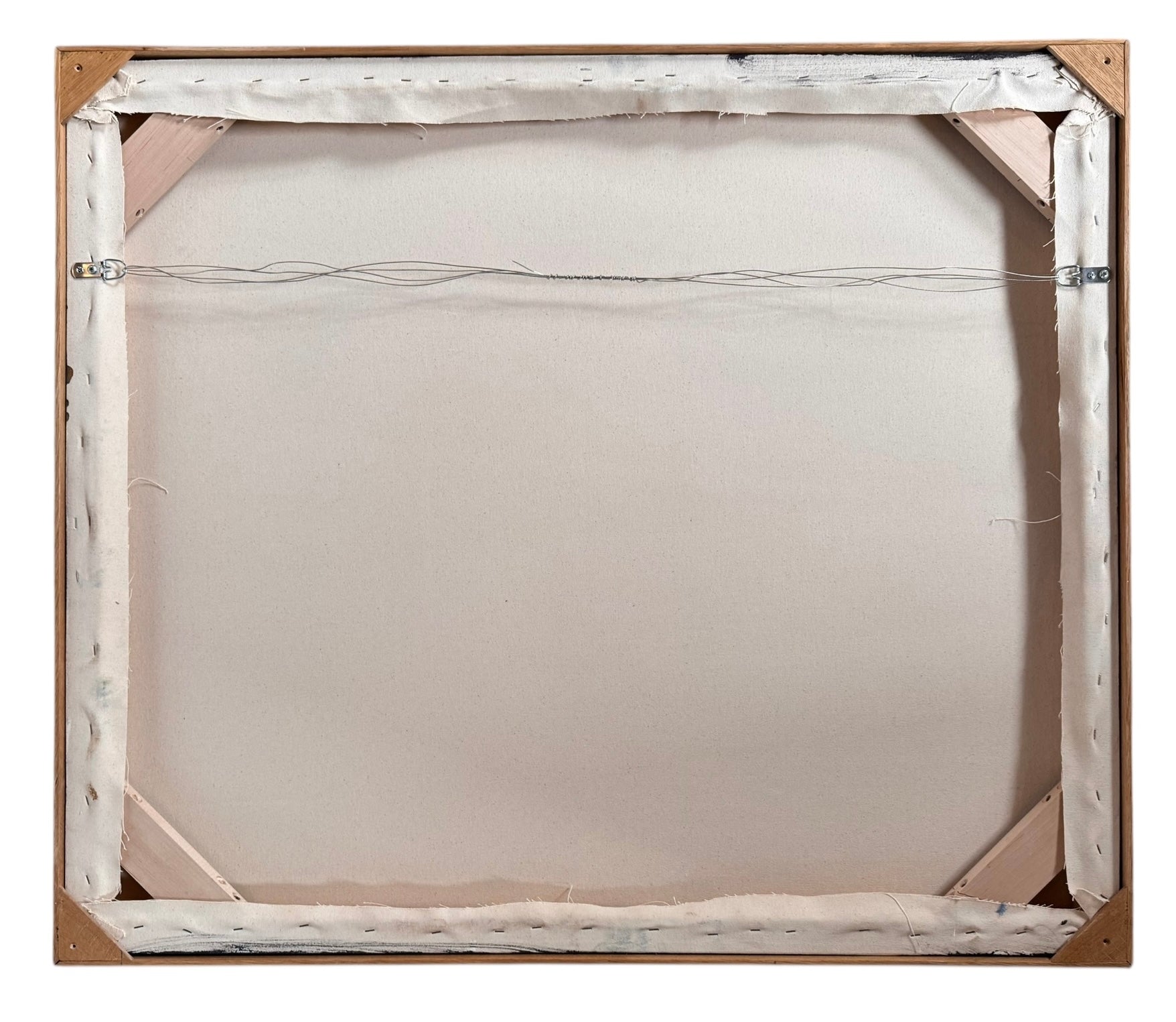 A close-up, angled view of an abstract oil painting titled 'Topography' by Robert Wymer. The painting's edge reveals thick, textured swirls of brown, gold, red, green, and white paint. It is framed in a natural light-brown teak wood frame, with a visible corner joint where two pieces of wood meet