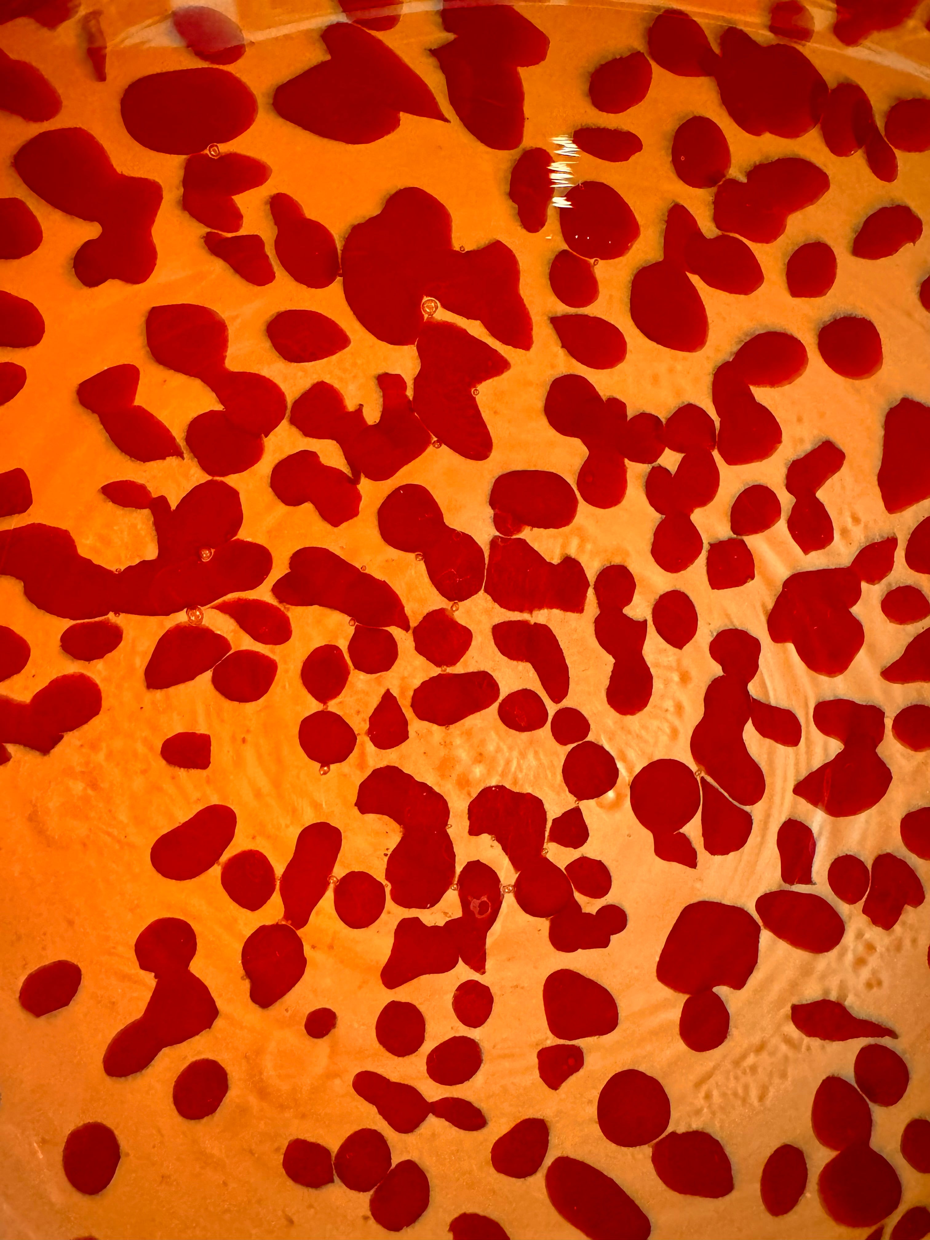 A hand-blown Italian Murano glass vase featuring a wide, bulbous body and a short, flared rim. The glass is a vibrant, translucent amber-orange base decorated with an organic "macchia" or spotted pattern of deep ruby red blotches. The red spots are elongated and vertical near the neck, becoming larger and more rounded toward the base. The surface has a high-gloss, reflective finish, showcasing mid-century modern craftsmanship.