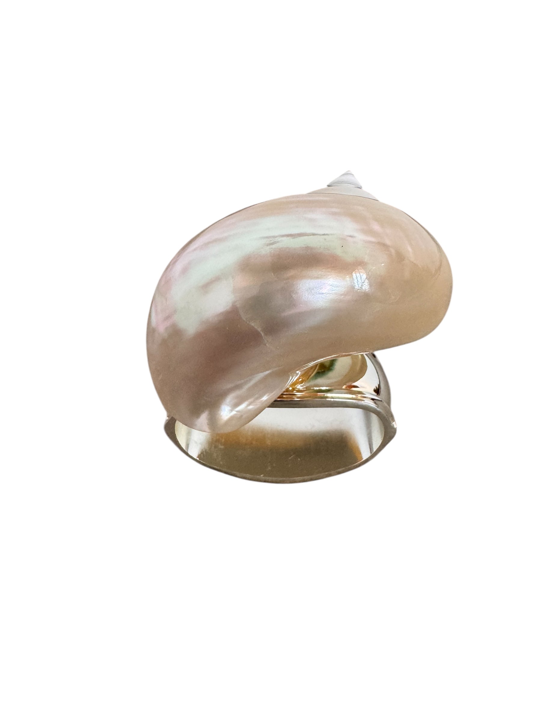 Hans Turnwald, 1980s, 1990s, napkin rings, silver ring, dinner party decoration, Hollywood regency, Turnwald Collection, High-end diningware, Coastal, Pearlized hermit shell