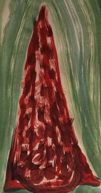 An abstract watercolor painting featuring a central red conical shape framed by large green arches, with a horizontal red wash at the bottom.