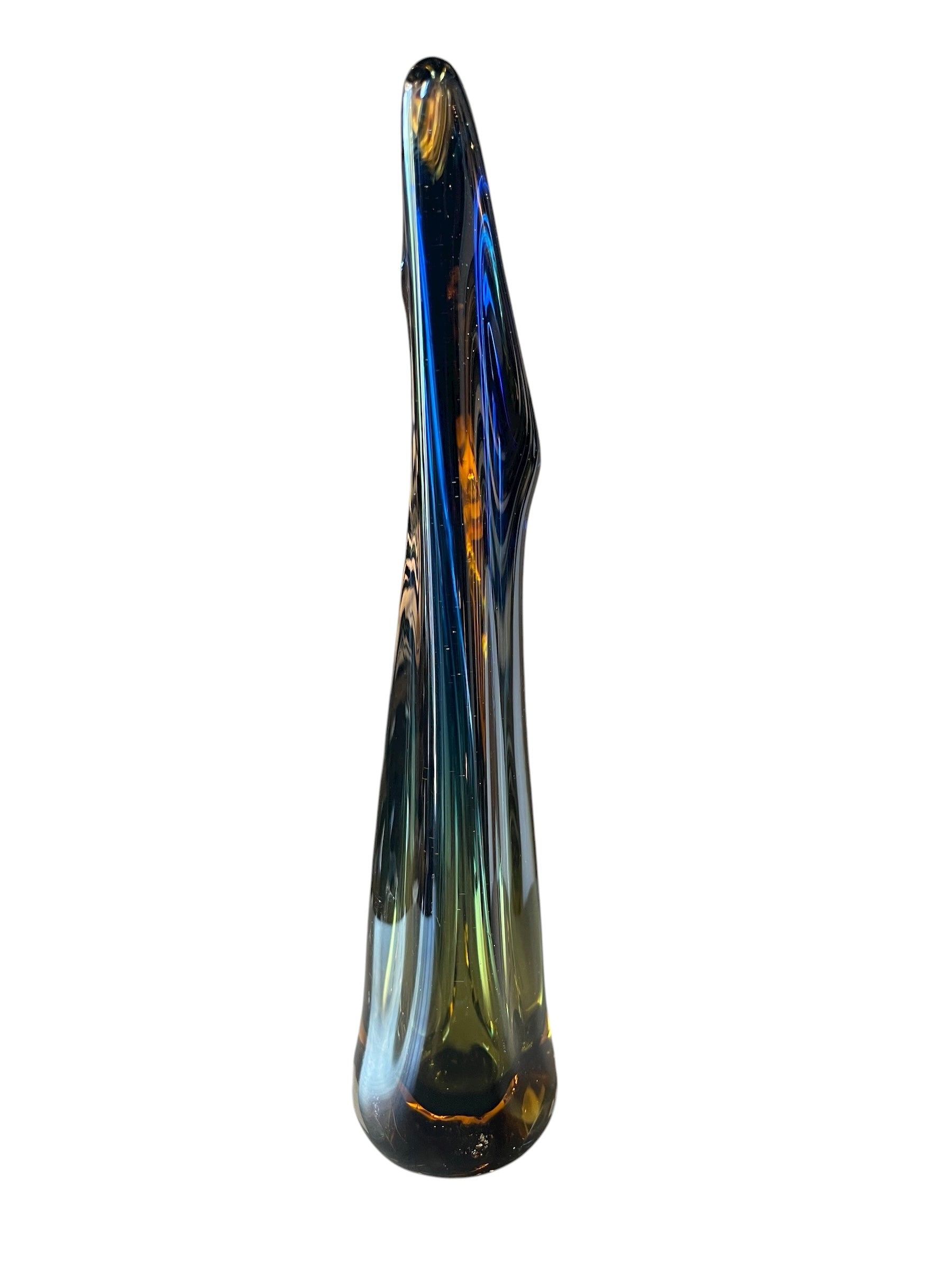 Sculptural art glass vase in the Sommerso style, featuring blue and amber colors encased in a clear glass layer. The vase has a vintage mid-century modern design