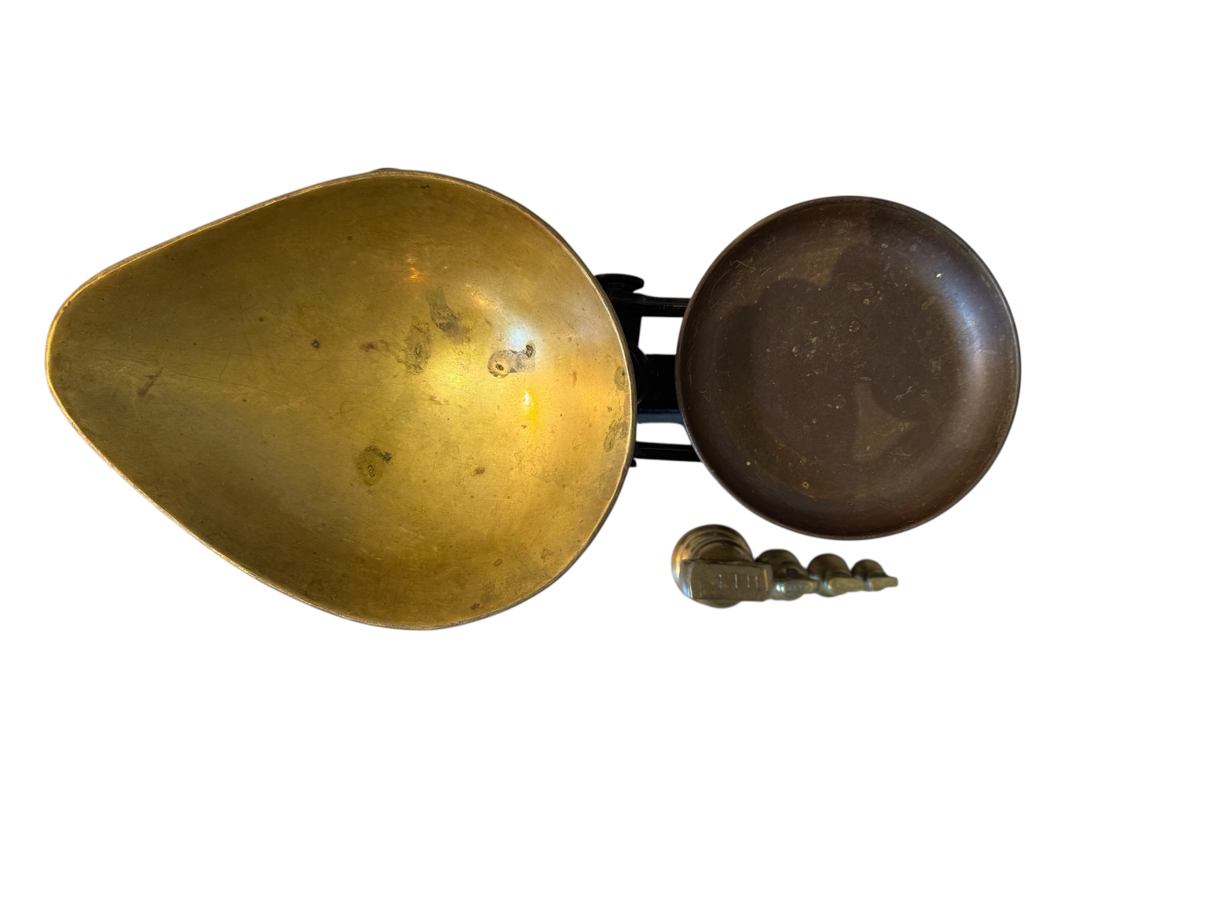 Painted Balance Scale with Brass Pans & Weights, Vintage, Antique, Librasco, Black Cast Iron, Brass, Birmingham Kitchen, Weighing Scales, Brass Weights, Kitchen Scale, Appliance