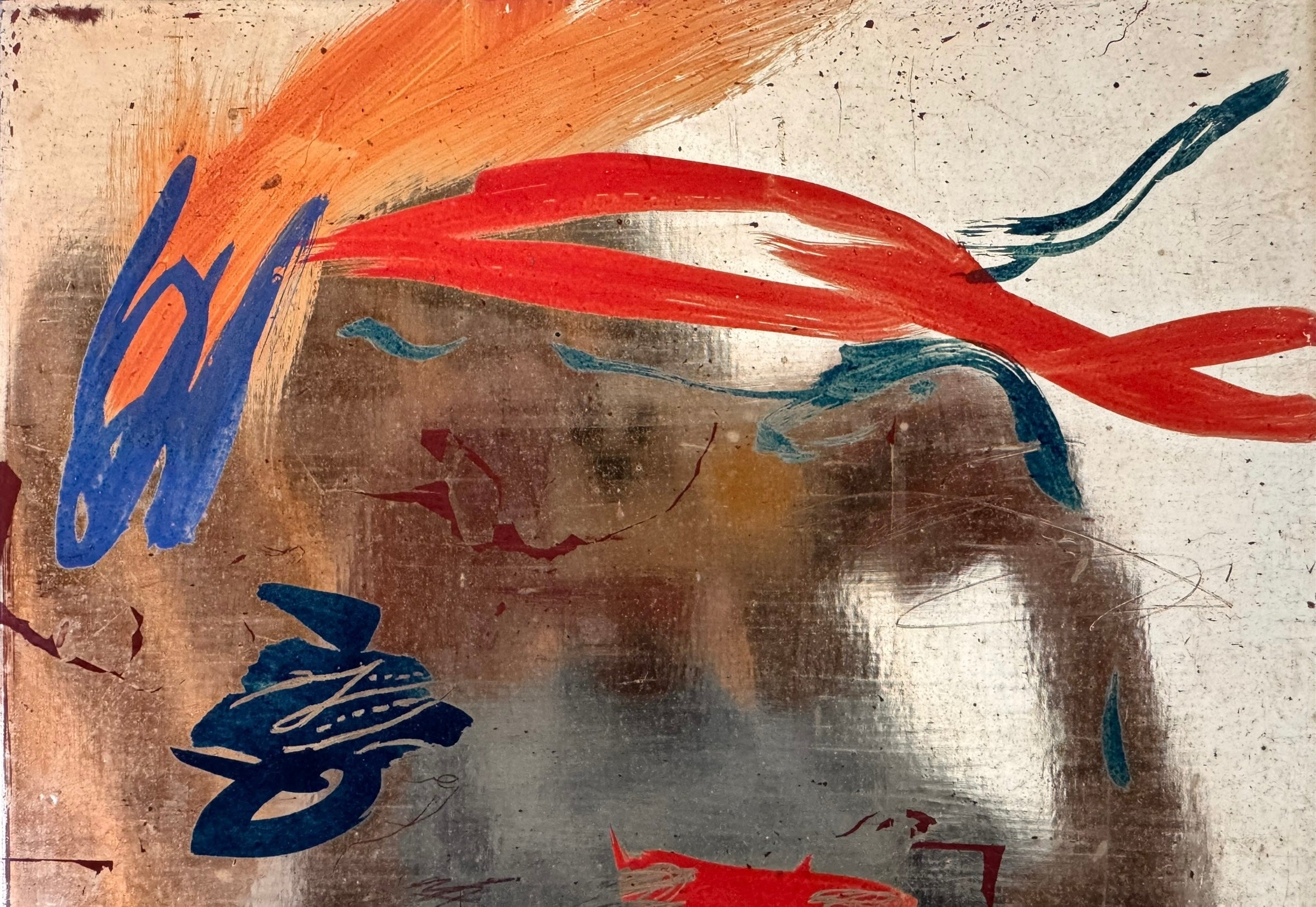 A vertical composition on a bright, reflective metallic background (likely silver or light gold leaf). The piece is defined by sparse, high-energy gestures: a sweeping arc of orange and red at the top, a central cluster of textured red paint, and a scattering of teal-blue "C" shapes and hooks. The metallic surface is highly visible, giving the piece a luminous, modern feel.