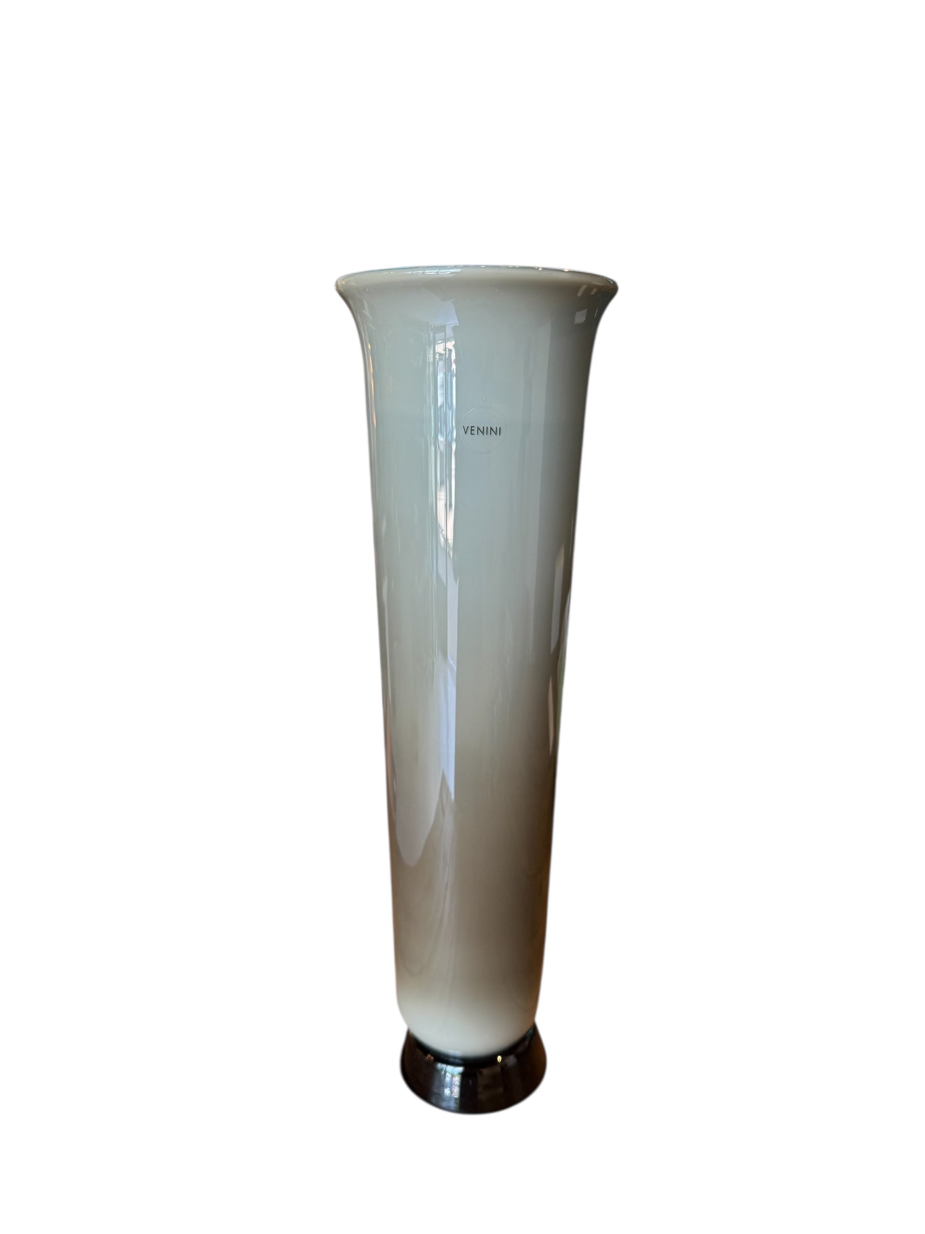 Image of a Venini Anni Trenta art glass vase, featuring a flared silhouette, Talpa colored exterior, and Acquamare interior, created using the Opalino technique