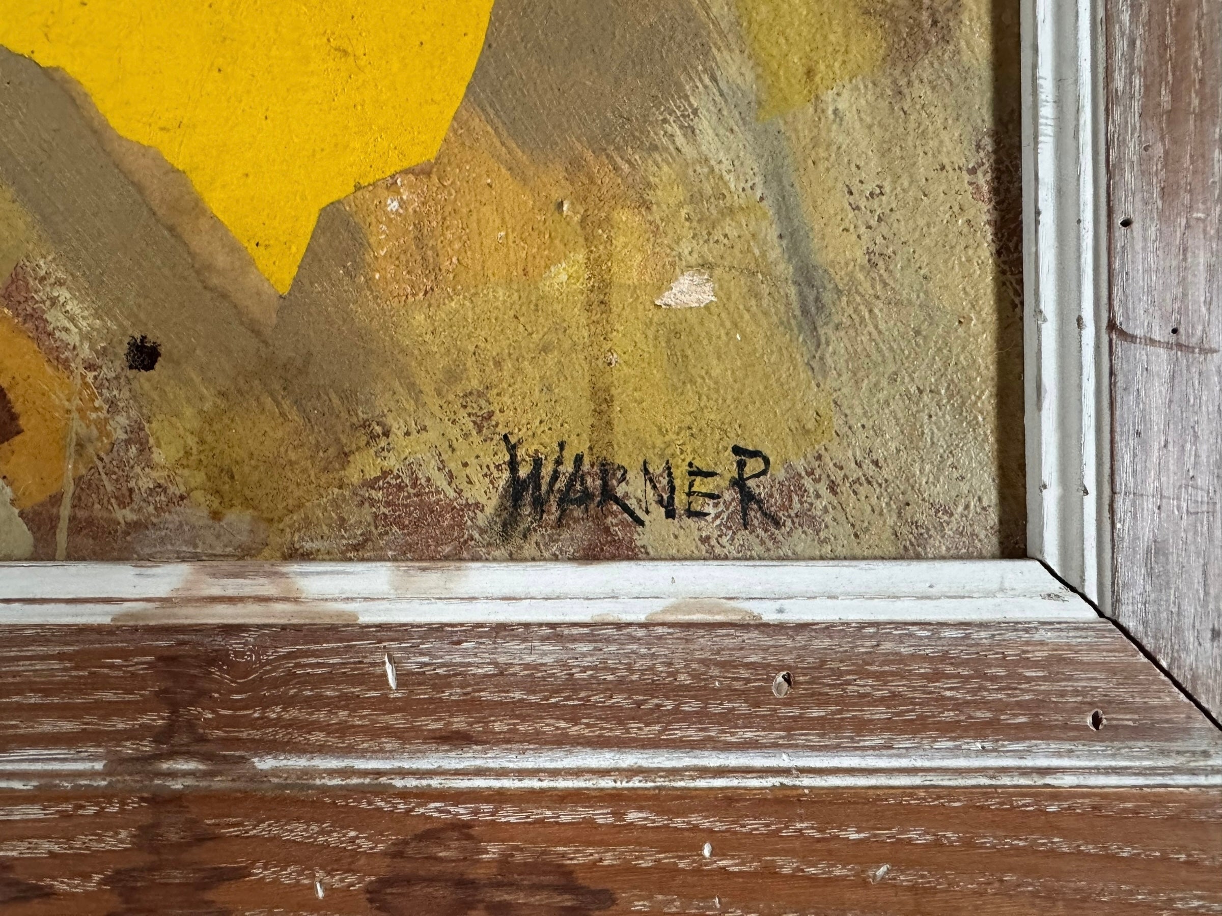 An abstract mixed media painting, titled "Summer Landscape" by Elsa Warner, featuring a dynamic composition of fragmented geometric and organic shapes in vibrant yellow, black, and earthy brown tones.