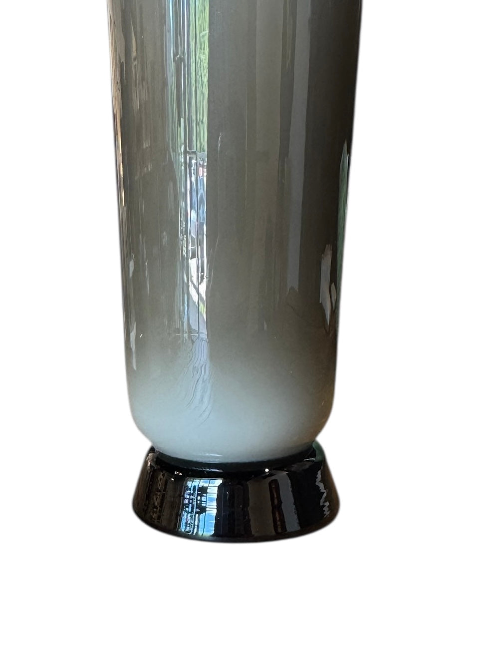 Image of a Venini Anni Trenta art glass vase, featuring a flared silhouette, Talpa colored exterior, and Acquamare interior, created using the Opalino technique