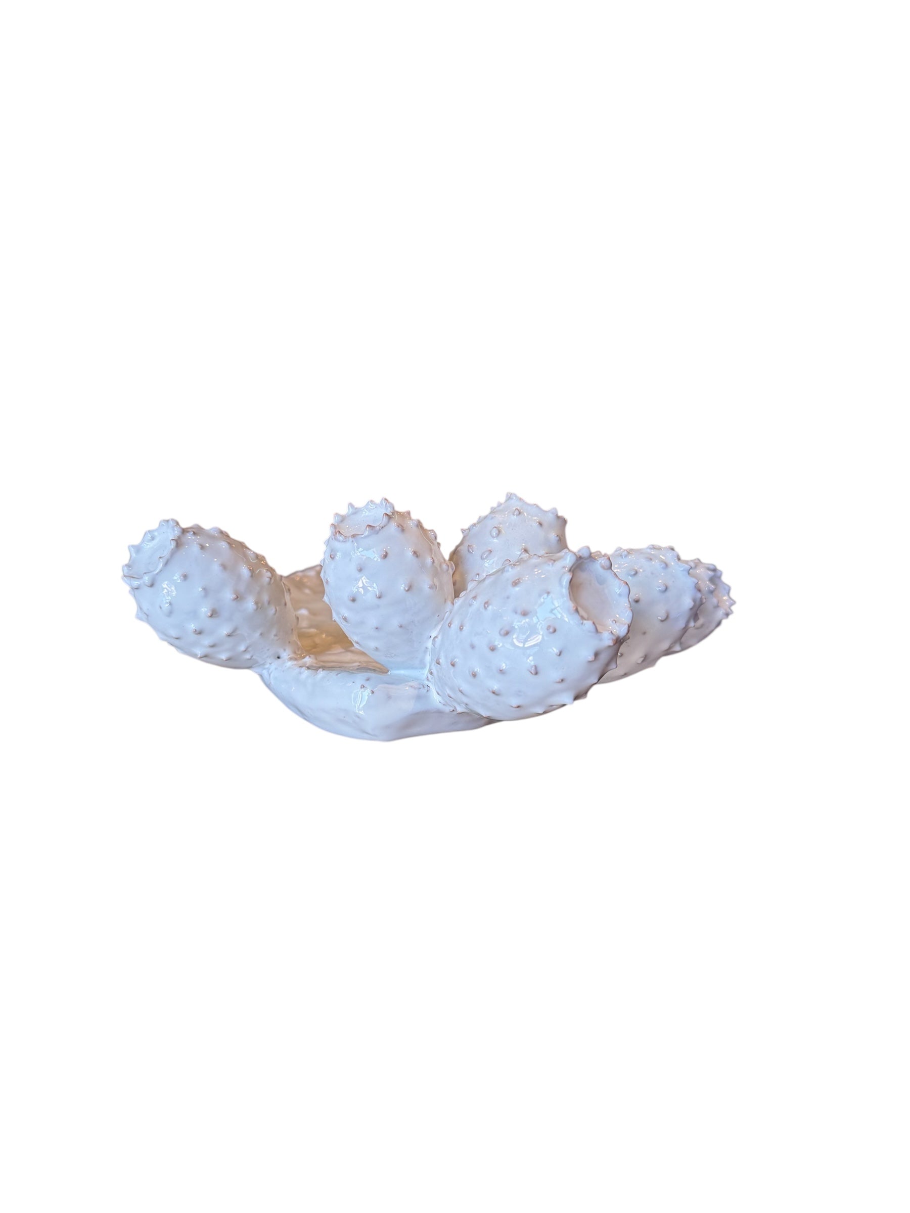 A white, glazed ceramic platter in the shape of a prickly pear cactus pad with attached prickly pear fruit. The surface has raised dots representing spines.