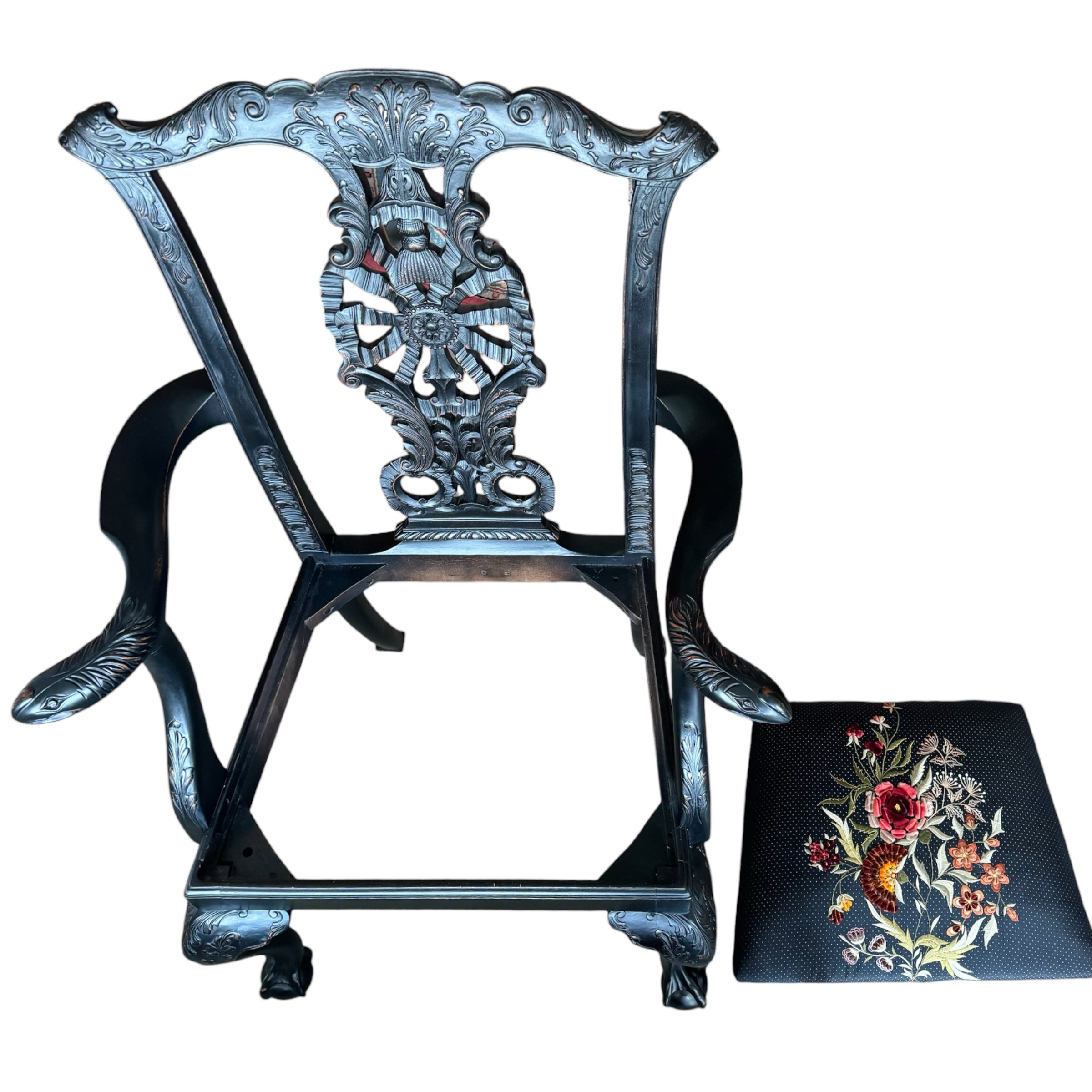 wood
Snakes
serpent
Floral
ebony wood
claw feet
Chippendale
chairs
carved
arm chairs
accent chair
20th Century
George III Chippendale Style Ebonized Armchair
Chippendale Style Ebonized Armchair
Ebonized Armchair
needlepoint flower design
vintage chairs
vintage chairs austin
carved crest
cabriole legs
velvet