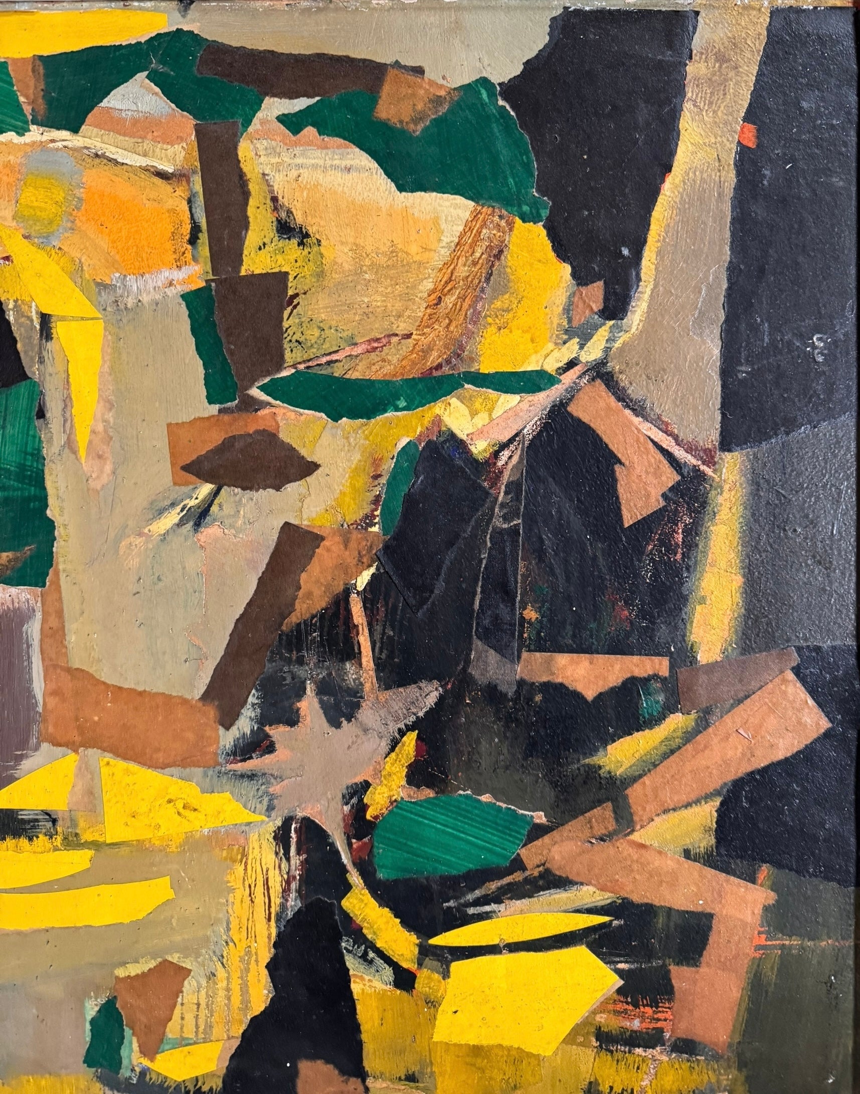 An abstract mixed media painting, titled "Summer Landscape" by Elsa Warner, featuring a dynamic composition of fragmented geometric and organic shapes in vibrant yellow, black, and earthy brown tones.