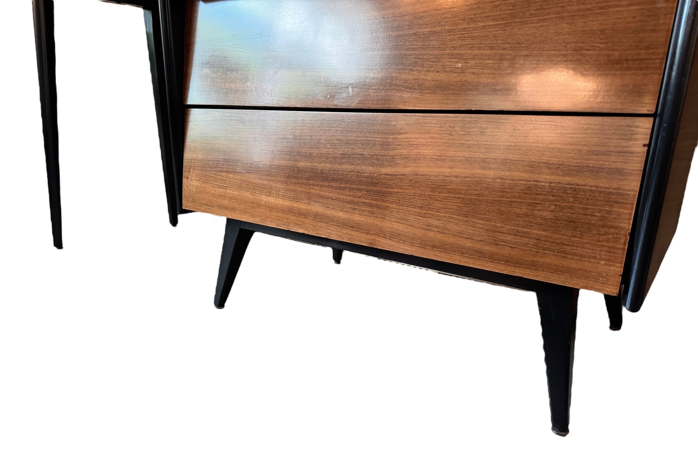 Mid Century Desk, Mid Century, Desk, Tapered Legs, Morris C. Mallin, Mallin Furniture Co., Walnut Veneer, black enameled metal, sleek, corporate, modernist