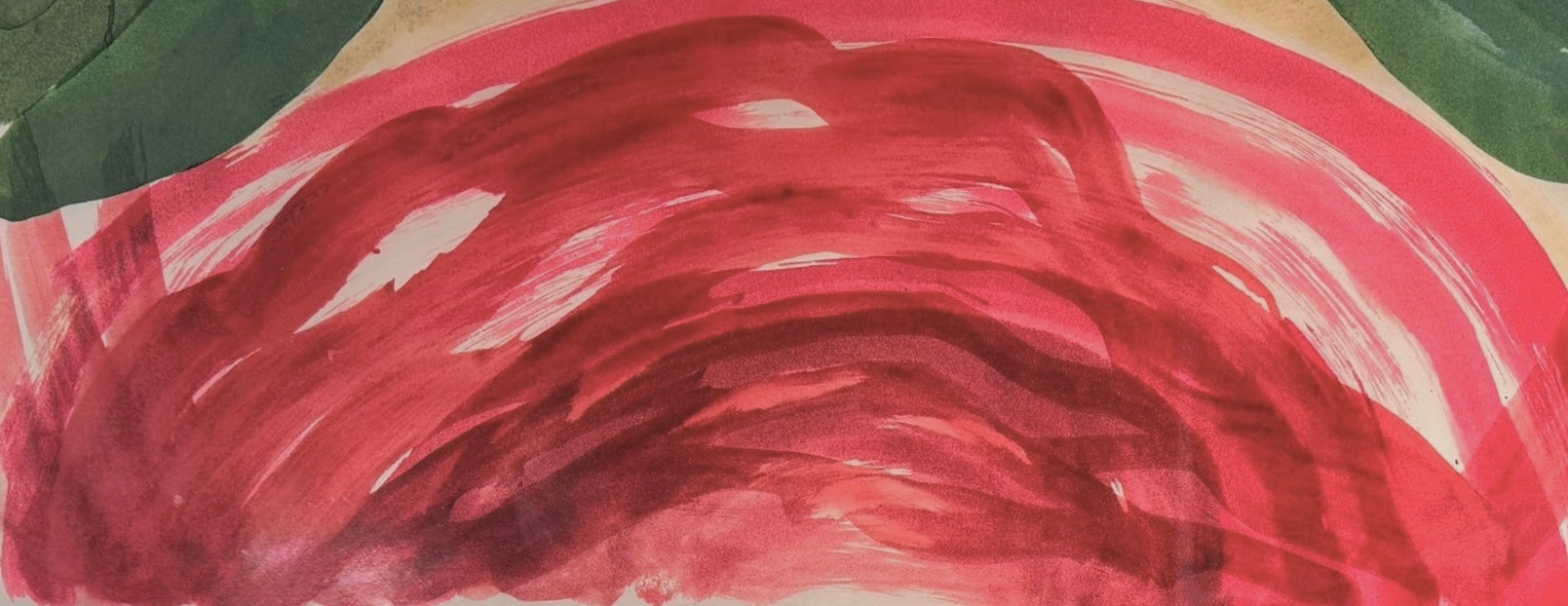 An abstract watercolor painting featuring a central red conical shape framed by large green arches, with a horizontal red wash at the bottom.