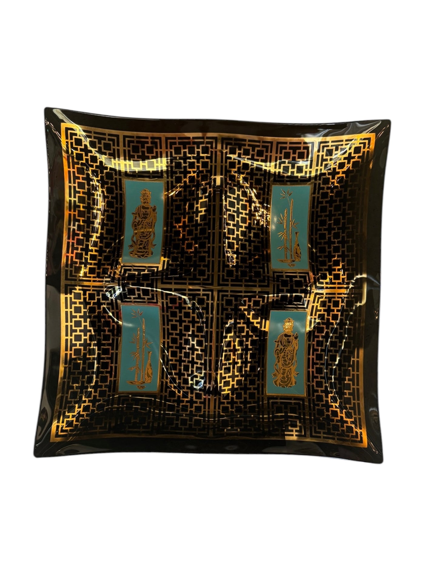 Mid Century Hostess Set, Black, Gold, Turquoise, James Mont Style, Smoked Glass, Etched 24kt Gold, coaster, trinket dish, hostess set, mid-century, geometric pattern